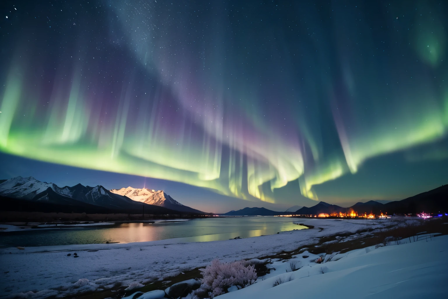 Snowy landscape and cherry blossoms in full bloom、A big moon and mysterious auroras in the night sky