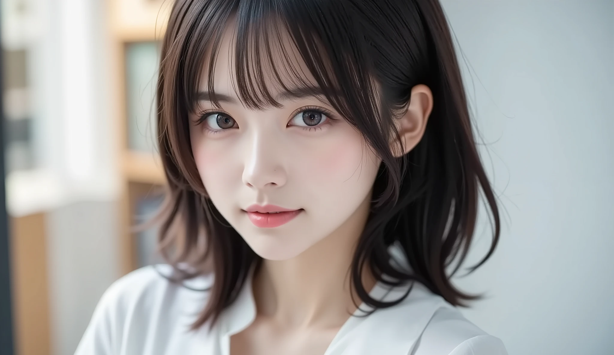 8k,Ultra High Definition , TOP QUALITY, masterpiece,rule of thirds,golden ratio,surreal, photos, one woman,( girls on the left:1.3),cute,cute顔, Beautiful Eyes in Every Detail , 細かくexhaustive,mature woman, princess,close up,smile, black hair, long bob,ID photo, luxurious and beautiful ,(A Famous Japanese Idol Girl), ((Office uniform with white shirt, blazer and pencil skirt)),(((Clean clothing))), very delicate expression , delicate eye description,, Healthy Body , (( 1 female)), Height: 160cm ,( thin waist:1.4)、( Beautiful :1.4), pink lips,profile,((( ideal figure))),Small bust, A cup :2,、 portraits:2、 perfect anatomy 、鮮明な exhaustive、 exhaustive, thin lips,Perfect and beautiful face ,完璧でcute顔, meticulous skin , Perfect Limbs 、 thin waist, surreal,Light and Dark, Fashion Magazine Cover ,glowing