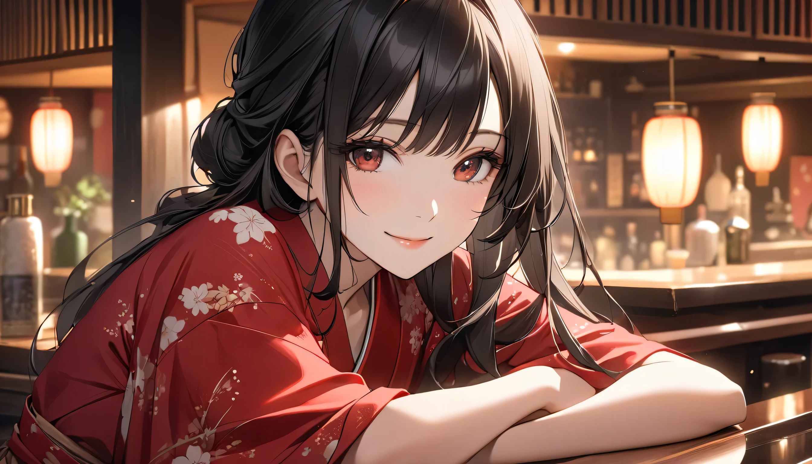 A close-up of a beautiful woman with long, flowing black hair wearing a crimson-red yukata. She rests her elbow gracefully on a bar counter with a traditional Japanese ambiance, gently smiling at the viewer with a soft, elegant expression. The atmosphere is intimate and serene, blending quiet magic with timeless beauty in a refined, ethereal setting.