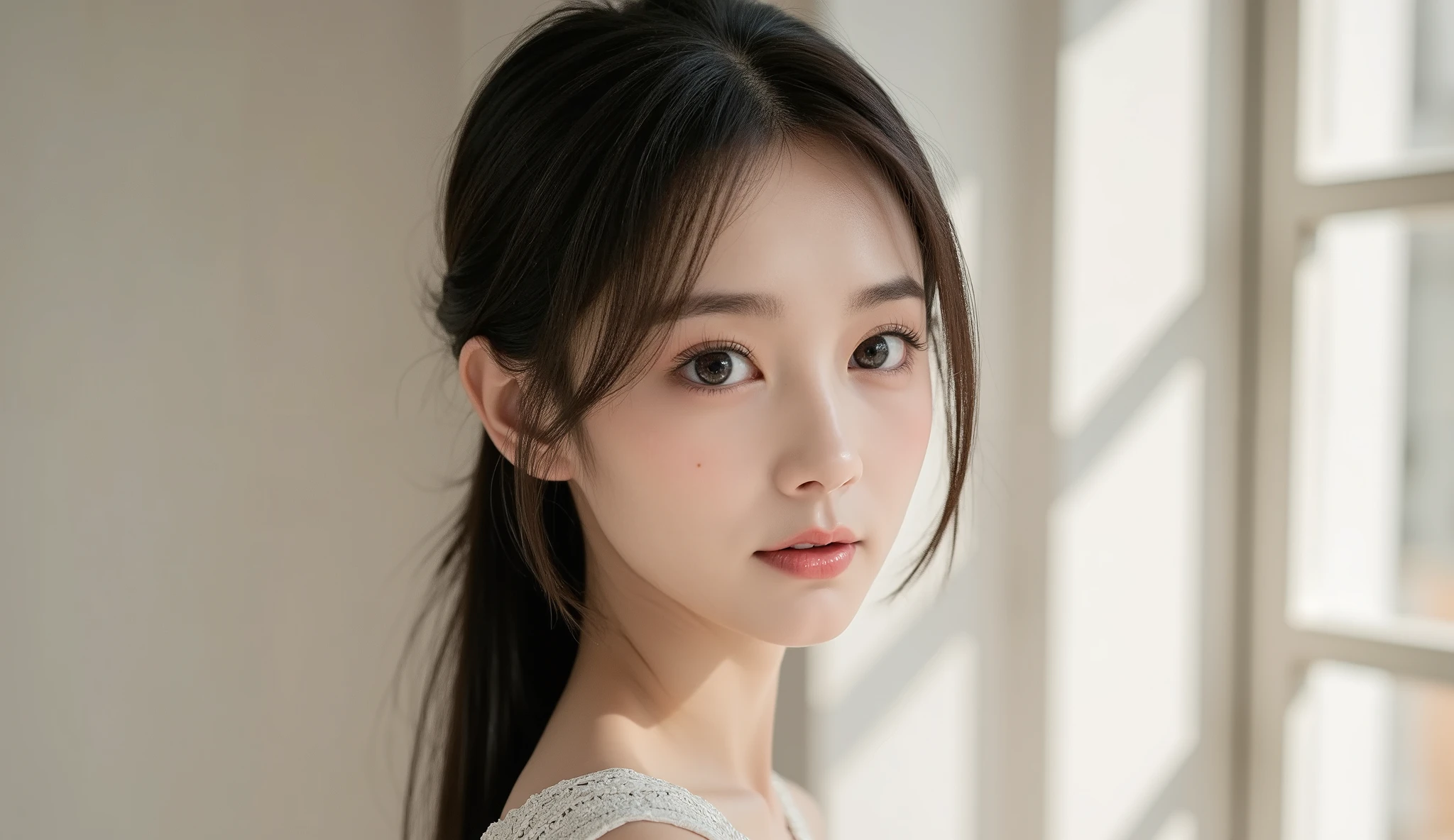 8k,Ultra High Definition , TOP QUALITY, masterpiece,rule of thirds,golden ratio,surreal, photos, one woman,( girls on the left:1.3),cute,cute顔, Beautiful Eyes in Every Detail , 細かくexhaustive,mature woman, princess,close up,smile, black hair, long bob,ID photo, luxurious and beautiful ,(A Famous Japanese Idol Girl), ((Office uniform with white shirt, blazer and pencil skirt)),(((Clean clothing))), very delicate expression , delicate eye description,, Healthy Body , (( 1 female)), Height: 160cm ,( thin waist:1.4)、( Beautiful :1.4), pink lips,profile,((( ideal figure))),Small bust, A cup :2,、 portraits:2、 perfect anatomy 、鮮明な exhaustive、 exhaustive, thin lips,Perfect and beautiful face ,完璧でcute顔, meticulous skin , Perfect Limbs 、 thin waist, surreal,Light and Dark, Fashion Magazine Cover ,glowing