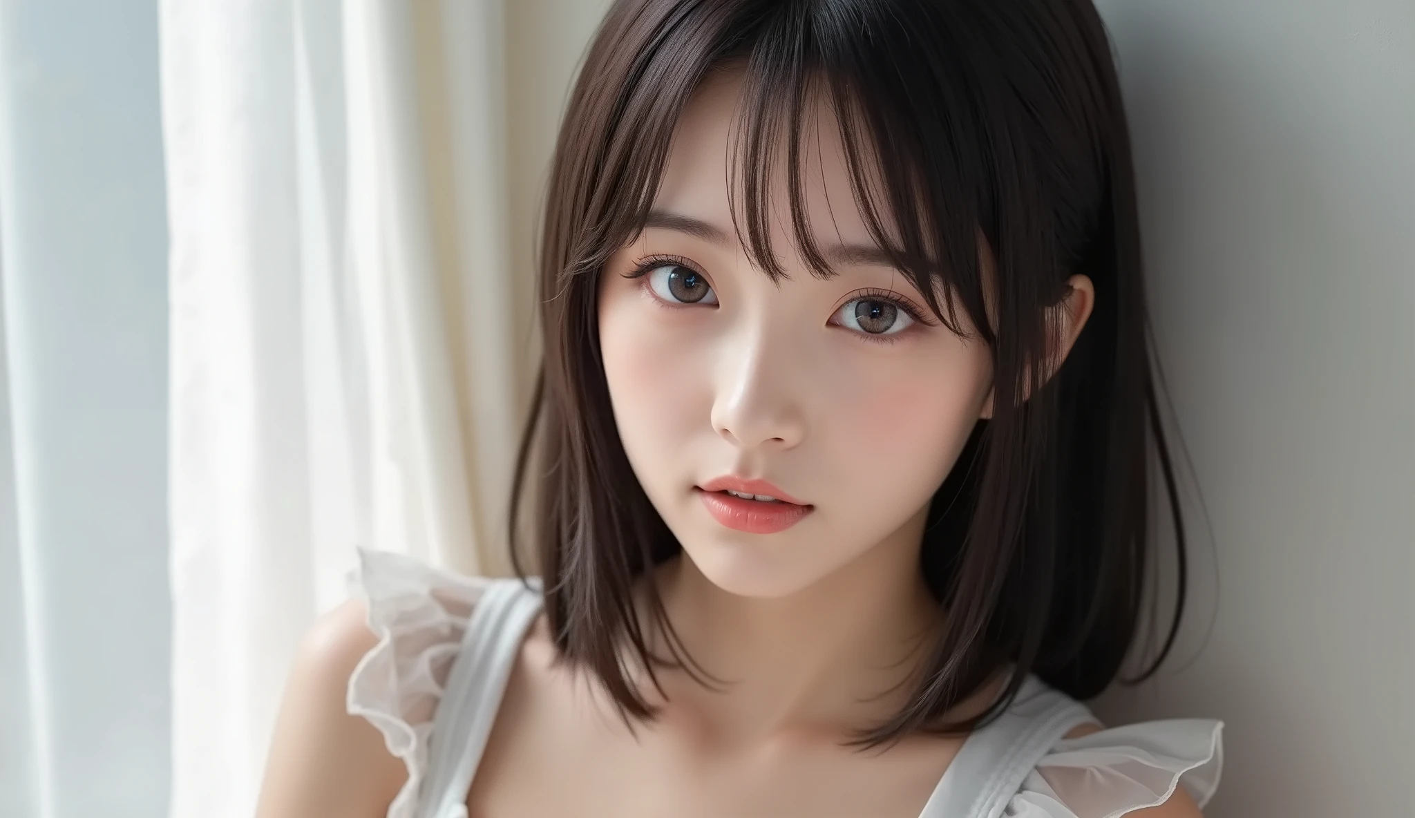 8k,Ultra High Definition , TOP QUALITY, masterpiece,rule of thirds,golden ratio,surreal, photos, one woman,( girls on the left:1.3),cute,cute顔, Beautiful Eyes in Every Detail , 細かくexhaustive,mature woman, princess,close up,smile, black hair, long bob,ID photo, luxurious and beautiful ,(A Famous Japanese Idol Girl), ((Office uniform with white shirt, blazer and pencil skirt)),(((Clean clothing))), very delicate expression , delicate eye description,, Healthy Body , (( 1 female)), Height: 160cm ,( thin waist:1.4)、( Beautiful :1.4), pink lips,profile,((( ideal figure))),Small bust, A cup :2,、 portraits:2、 perfect anatomy 、鮮明な exhaustive、 exhaustive, thin lips,Perfect and beautiful face ,完璧でcute顔, meticulous skin , Perfect Limbs 、 thin waist, surreal,Light and Dark, Fashion Magazine Cover ,glowing
