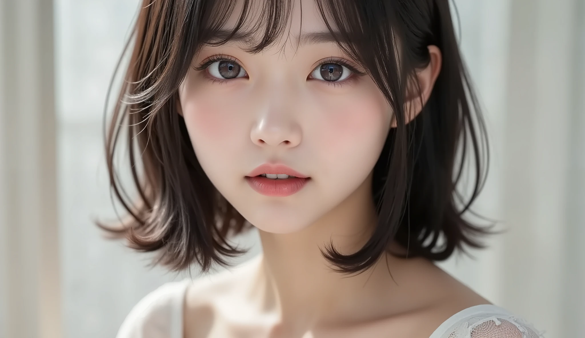 8k,Ultra High Definition , TOP QUALITY, masterpiece,rule of thirds,golden ratio,surreal, photos, one woman,( girls on the left:1.3),cute,cute顔, Beautiful Eyes in Every Detail , 細かくexhaustive,mature woman, princess,close up,smile, black hair, long bob,ID photo, luxurious and beautiful ,(A Famous Japanese Idol Girl), ((Office uniform with white shirt, blazer and pencil skirt)),(((Clean clothing))), very delicate expression , delicate eye description,, Healthy Body , (( 1 female)), Height: 160cm ,( thin waist:1.4)、( Beautiful :1.4), pink lips,profile,((( ideal figure))),Small bust, A cup :2,、 portraits:2、 perfect anatomy 、鮮明な exhaustive、 exhaustive, thin lips,Perfect and beautiful face ,完璧でcute顔, meticulous skin , Perfect Limbs 、 thin waist, surreal,Light and Dark, Fashion Magazine Cover ,glowing