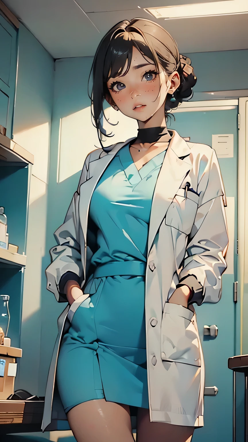 TOP QUALITY, masterpiece, 8k, photorealist , 超 kampala, so delicate and beautiful , kampala, Movie Lighting , intermediate shot, portraits, perfect female body , beautiful woman under hoodie, mature woman, Contrasting, put my hands on my head , and stare at the audience, ( female doctor :1.6、 stethoscope、glass、clean, Wore a medical white coat、tie-up hairstyle with a medical lab coat )、Medical Gloves、Name tag、Scrub Suits、 Examination Room