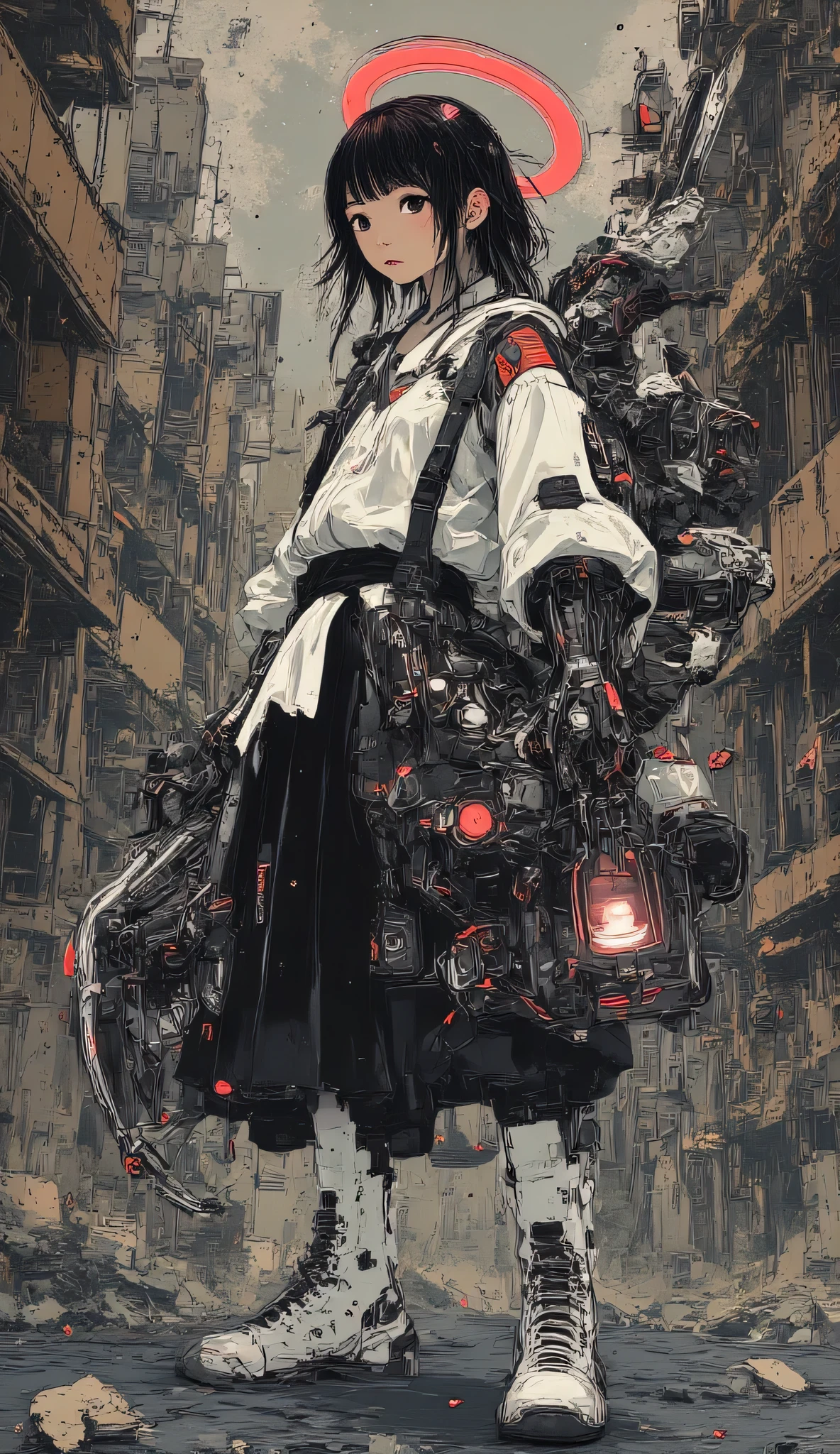 A Frank Miller style, Semi Side view, worm's Eye View focusing on the upper body of a young monk In a desaturated urban ruin landscape, stands heroically, showcasing massive physique in a heroic pose. He has a red neon halo above his head. He is holding a staff constructed of scrap mechanical parts with a lantern hanging off the end. His attire is adorned with many straps and buckles with tactical gear adorned with pouches and patches accentuates his impressive figure, stylized oversized white boots with a lot of straps and buckles supporting his powerful legs. Oversized black robotic boxing gloves on his fists as he flexes his mechanical-enhanced physique. intricate details etched in a gestural, fine-line pen style on her metallic limbs. Desaturated color washed, painterly style,dal,hand mecha2,Junji Ito,perfect hands,well shaped hands,perfect fingers,ct-identityV2,multiple_arms