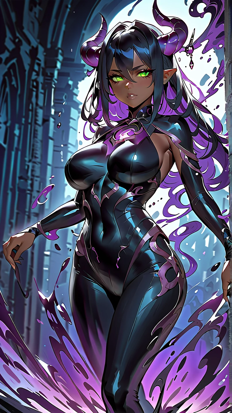 a demonic succubus woman with purple wings and tail, brown hair, golden eyes, thin purple horns, wearing a white dress with a leather jacket, fine facial features and almond-shaped eyes, (best quality,4k,8k,highres,masterpiece:1.2),ultra-detailed,(realistic,photorealistic,photo-realistic:1.37),digital painting,concept art,fantasy,dark fantasy,dramatic lighting,dramatic shadows,cinematic,moody,vibrant colors,glowing eyes