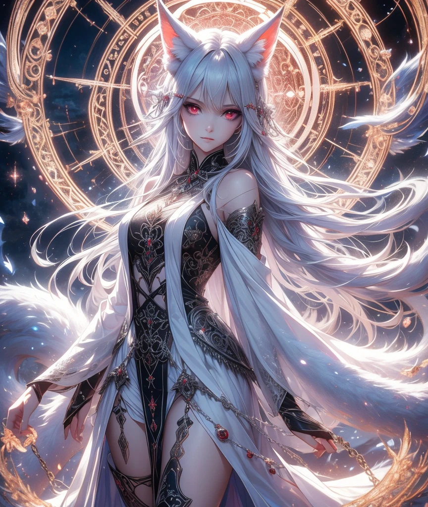 A girl with shining golden eyes, small mouth, thick pink lips, long hair, straight white hair, long sideburns, small breasts, thick legs, big ass, (((the girl is the representation of Kitsune, with fox ears and nine tails))), better representation, realistic reflections, {extremely detailed 16k CG unit wallpaper}, expansive landscape photography, (a centralized view with focus on the character and setting), (wide open field view), (low angle photo), (high light: 1.2), (low light: 1.8), (warm light source: 1.5), complex details, (iridescent colors: 1.2), (bright lighting), (atmospheric lighting), Dreamy, unique, delicate