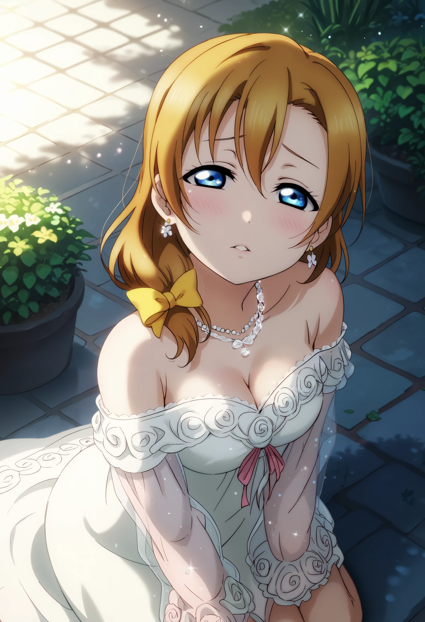 (Masterpiece, Best Quality, High Quality), head tilt,half closed eyes,anime style, love live, kousaka honoka, kousaka honoka, id_honoka_kosaka, love live, blue eyes, brown hair, 8k wallpaper, earrings, (Elegant, off-shoulder evening dress), deep blue gradient color, sparkling fabric, (delicate lace trimmings), semi-transparent sleeves, silver floral necklace, fitted bodice, (graceful and refined design), in heat, yellow hair ribbon, garden, soft red lighting, shy,blush, parted lips, cleavage,on knees,cum on face,pov