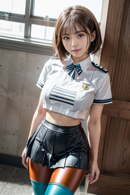 A girl standing in a school classroom,white sailor shirt and navy miniskirt,むちむちなthighs,,bangs,a little smile,thighs,share,knees,short cut hair,bangsはパッツン、Low - Angle、black knee highs、garter belt、smooth hairstyle