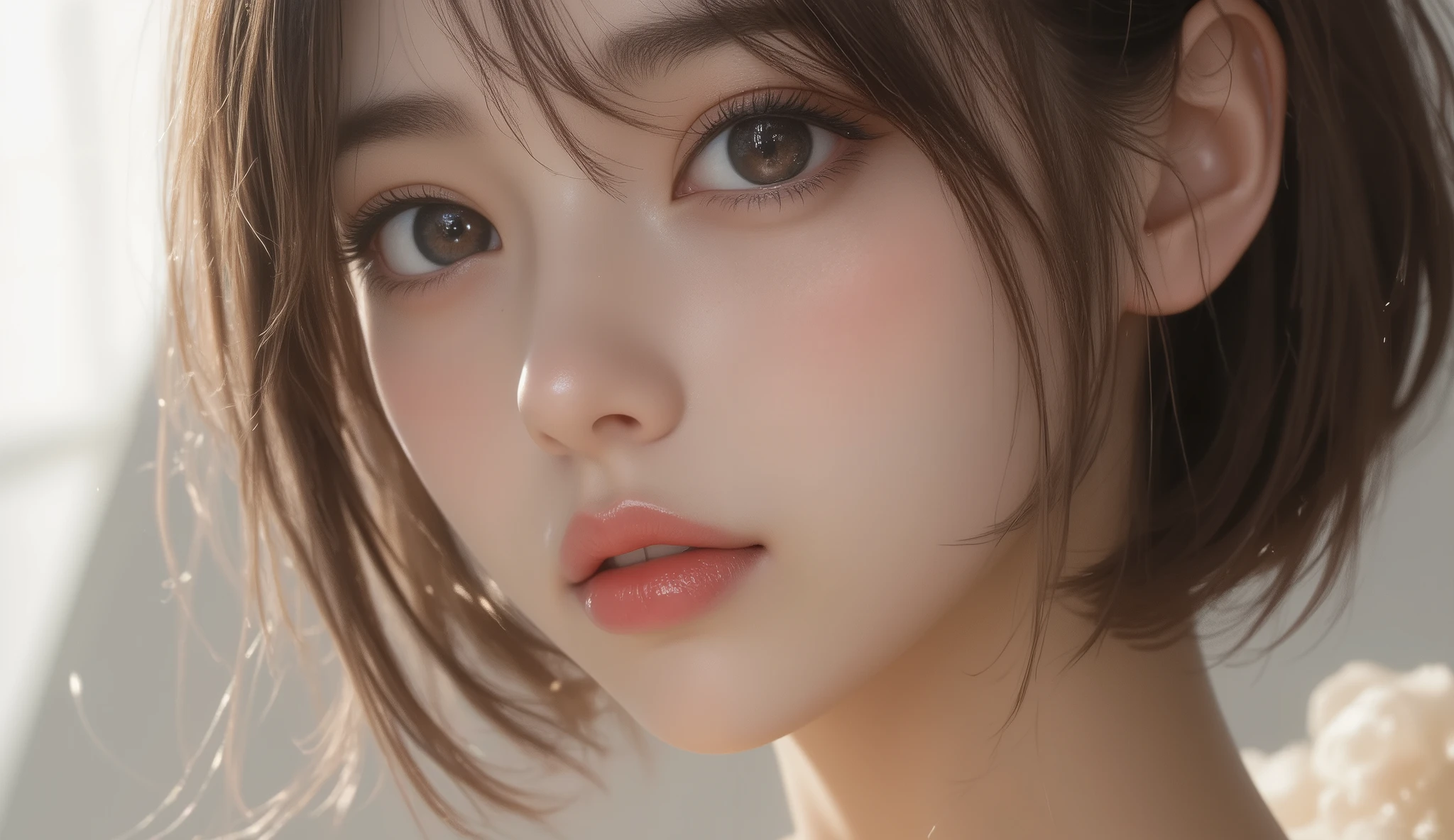 8k,Ultra High Definition , TOP QUALITY, masterpiece,rule of thirds,golden ratio,surreal, photos, one woman,( girls on the left:1.3),cute,cute顔, Beautiful Eyes in Every Detail , 細かくexhaustive,mature woman, princess,close up,smile, black hair, long bob,ID photo, luxurious and beautiful ,(A Famous Japanese Idol Girl), ((Office uniform with white shirt, blazer and pencil skirt)),(((Clean clothing))), very delicate expression , delicate eye description,, Healthy Body , (( 1 female)), Height: 160cm ,( thin waist:1.4)、( Beautiful :1.4), pink lips,profile,((( ideal figure))),Small bust, A cup :2,、 portraits:2、 perfect anatomy 、鮮明な exhaustive、 exhaustive, thin lips,Perfect and beautiful face ,完璧でcute顔, meticulous skin , Perfect Limbs 、 thin waist, surreal,Light and Dark, Fashion Magazine Cover ,glowing