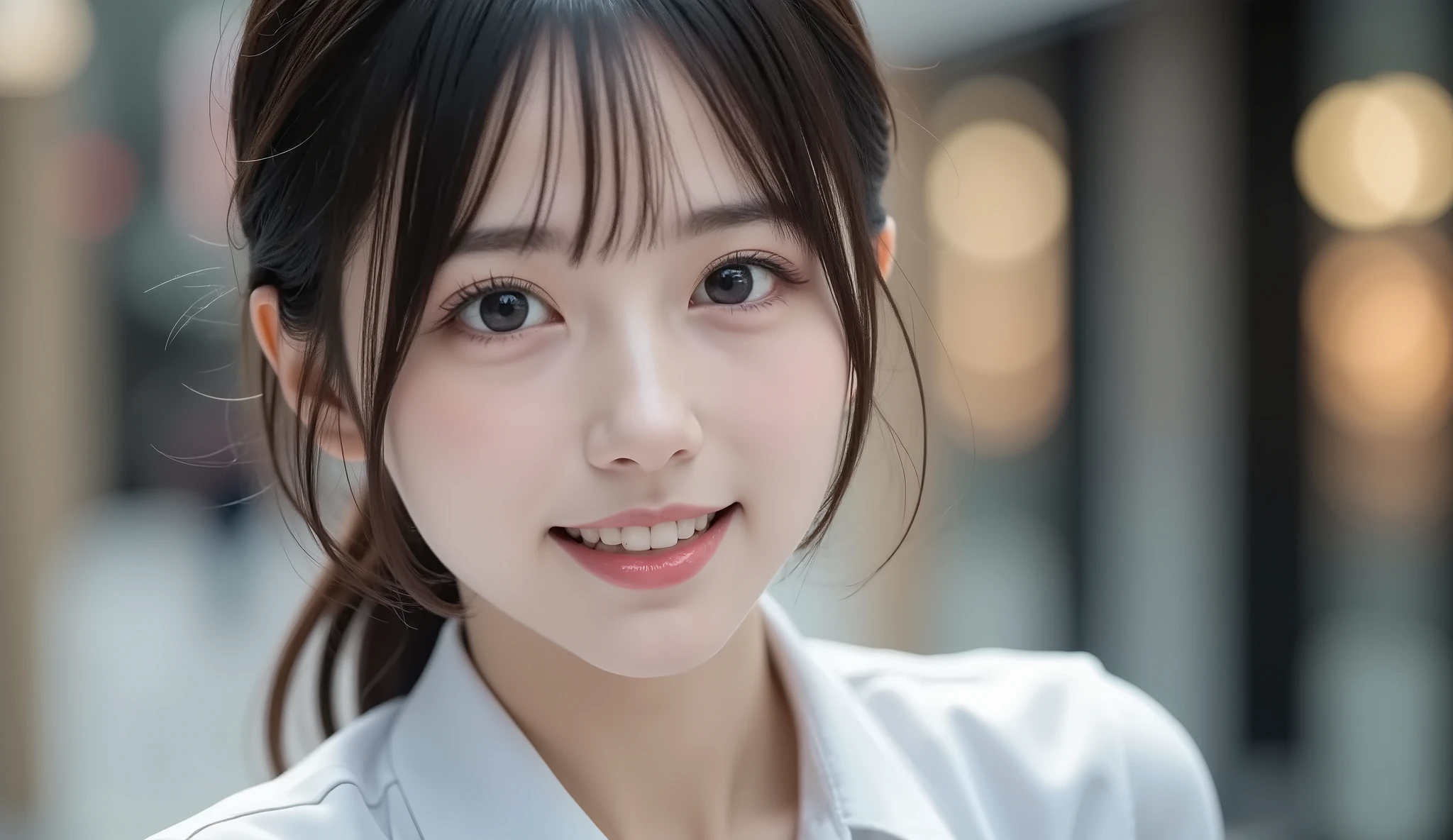 8k,Ultra High Definition , TOP QUALITY, masterpiece,rule of thirds,golden ratio,surreal, photos, one woman,( girls on the left:1.3),cute,cute顔, Beautiful Eyes in Every Detail , 細かくexhaustive,mature woman, princess,cowboy shot,smile, black hair,Pulled back hair,ID photo, luxurious and beautiful ,(A Famous Japanese Idol Girl), (( wearing a Japanese high school uniform with a white shirt, blazer, and skirt)),(((She Has an Ecstatic Expression))),(((She Has an Ecstatic Expression))), very delicate expression , delicate eye description,, Healthy Body , (( 1 female)), Height: 160cm ,( thin waist:1.4)、( Beautiful :1.4), pink lips,profile,((( ideal figure))),Small bust, A cup :2,、 portraits:2、 perfect anatomy 、鮮明な exhaustive、 exhaustive, thin lips,Perfect and beautiful face ,完璧でcute顔, meticulous skin , Perfect Limbs 、 thin waist, surreal,Light and Dark, Fashion Magazine Cover ,glowing