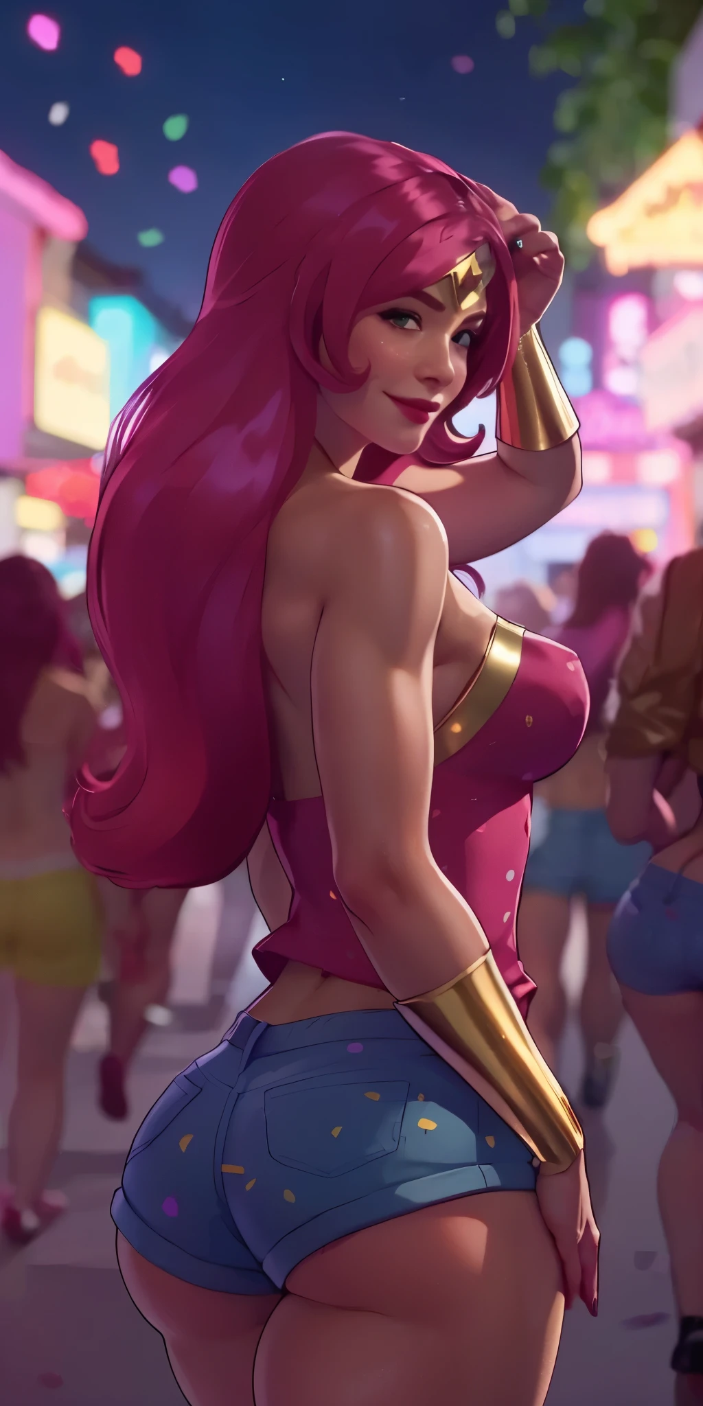 A beautiful fantasy style painting of a beautiful nude red haired woman with big messy hair, floating on a cloud gracefully laying on the cloud, wearing headphones, with moon light, twinkling stars and stardust, vibrant and colorful, full body shot, looking down at a small city at night, cityscape, colorful stardust, fantasy art style, rossdraws cartoon vibrant, cute detailed digital art, colorfull digital fantasy art, digital fantasy art ), glossy digital painting, rossdraws pastel vibrant, rossdraws 2. 5, rossdraws 1. 0