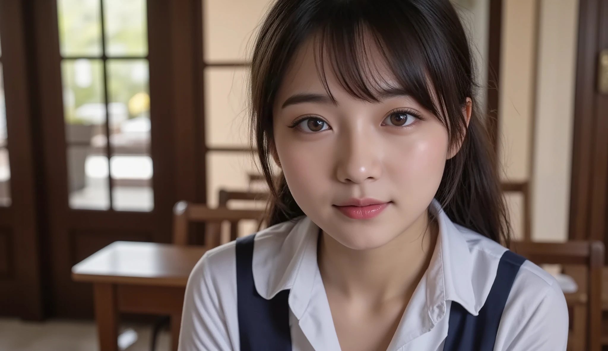 8k,Ultra High Definition , TOP QUALITY, masterpiece,rule of thirds,golden ratio,surreal, photos, one woman,( girls on the left:1.3),cute,cute顔, Beautiful Eyes in Every Detail , 細かくexhaustive,mature woman, princess,cowboy shot,smile, black hair,Pulled back hair,ID photo, luxurious and beautiful ,(A Famous Japanese Idol Girl), (( wearing a Japanese high school uniform with a white shirt, blazer, and skirt)),(((She Has an Ecstatic Expression))),(((She Has an Ecstatic Expression))), very delicate expression , delicate eye description,, Healthy Body , (( 1 female)), Height: 160cm ,( thin waist:1.4)、( Beautiful :1.4), pink lips,profile,((( ideal figure))),Small bust, A cup :2,、 portraits:2、 perfect anatomy 、鮮明な exhaustive、 exhaustive, thin lips,Perfect and beautiful face ,完璧でcute顔, meticulous skin , Perfect Limbs 、 thin waist, surreal,Light and Dark, Fashion Magazine Cover ,glowing