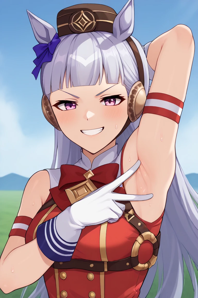 masterpiece, best quality, <lora:hewsXL_ANI31_lokr_V43P1NF:0.95> 1girl, gold ship \(umamusume\), horse ears, solo, armpits, animal ears, dress, breasts, long hair, red dress, sweat, sleeveless, smile, sleeveless dress, horse girl, white gloves, gloves, looking at viewer, large breasts, grin, grey hair, blunt bangs, bow, purple eyes, arms up, bowtie, pillbox hat, upper body, arms behind head, simple background, red bow, red bowtie, hat, brown headwear, teeth, buttons, pink eyes, double-breasted