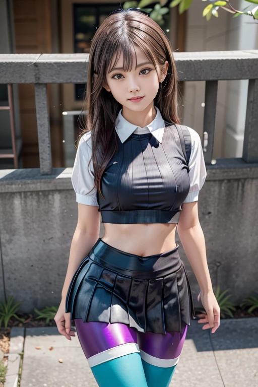 Photorealistic perfect body Ultra-high image quality Ultra-high realistic image quality、(a baby face:1.5)、(Japan  in the 1990s:1.3)、(School Uniform Tops:1.3)、(School uniform skirt:1.3)、(School Uniform Blazer:1.3)、(Loose-fitting leg warmers:1.3)、(Leather shoes:1.3)、(huge-breasted:1.4)、(cleavage of the breast:1.7)、Waist slender、(Parted bangs)、(short curly blonde hair:1.2)、(good lighting)、(blurry background)、(grin)、(glossy rose gold lip)、Gal Style Makeup Gal style earrings Gal style bracelet、(Gal style necklace Double Necklace:1.3)、Sit on the school steps、(full body)