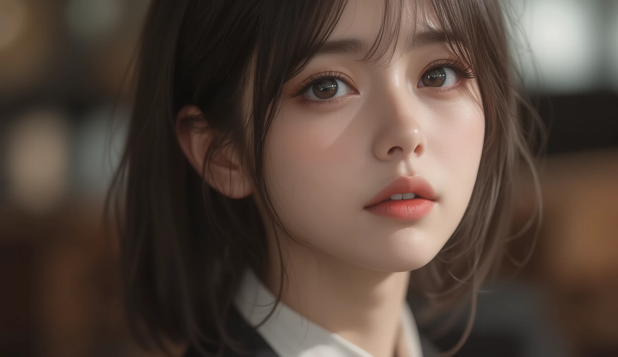 8k,Ultra High Definition , TOP QUALITY, masterpiece,rule of thirds,golden ratio,surreal, photos, one woman,( girls on the left:1.3),cute,cute顔, Beautiful Eyes in Every Detail , 細かくexhaustive,mature woman, princess,cowboy shot,smile, black hair, long bob,ID photo, luxurious and beautiful ,(A Famous Japanese Idol Girl), ((Office uniform with white shirt, blazer and pencil skirt)),(((Clean clothing))),(((She Has an Ecstatic Expression))), very delicate expression , delicate eye description,, Healthy Body , (( 1 female)), Height: 160cm ,( thin waist:1.4)、( Beautiful :1.4), pink lips,profile,((( ideal figure))),Small bust, A cup :2,、 portraits:2、 perfect anatomy 、鮮明な exhaustive、 exhaustive, thin lips,Perfect and beautiful face ,完璧でcute顔, meticulous skin , Perfect Limbs 、 thin waist, surreal,Light and Dark, Fashion Magazine Cover ,glowing