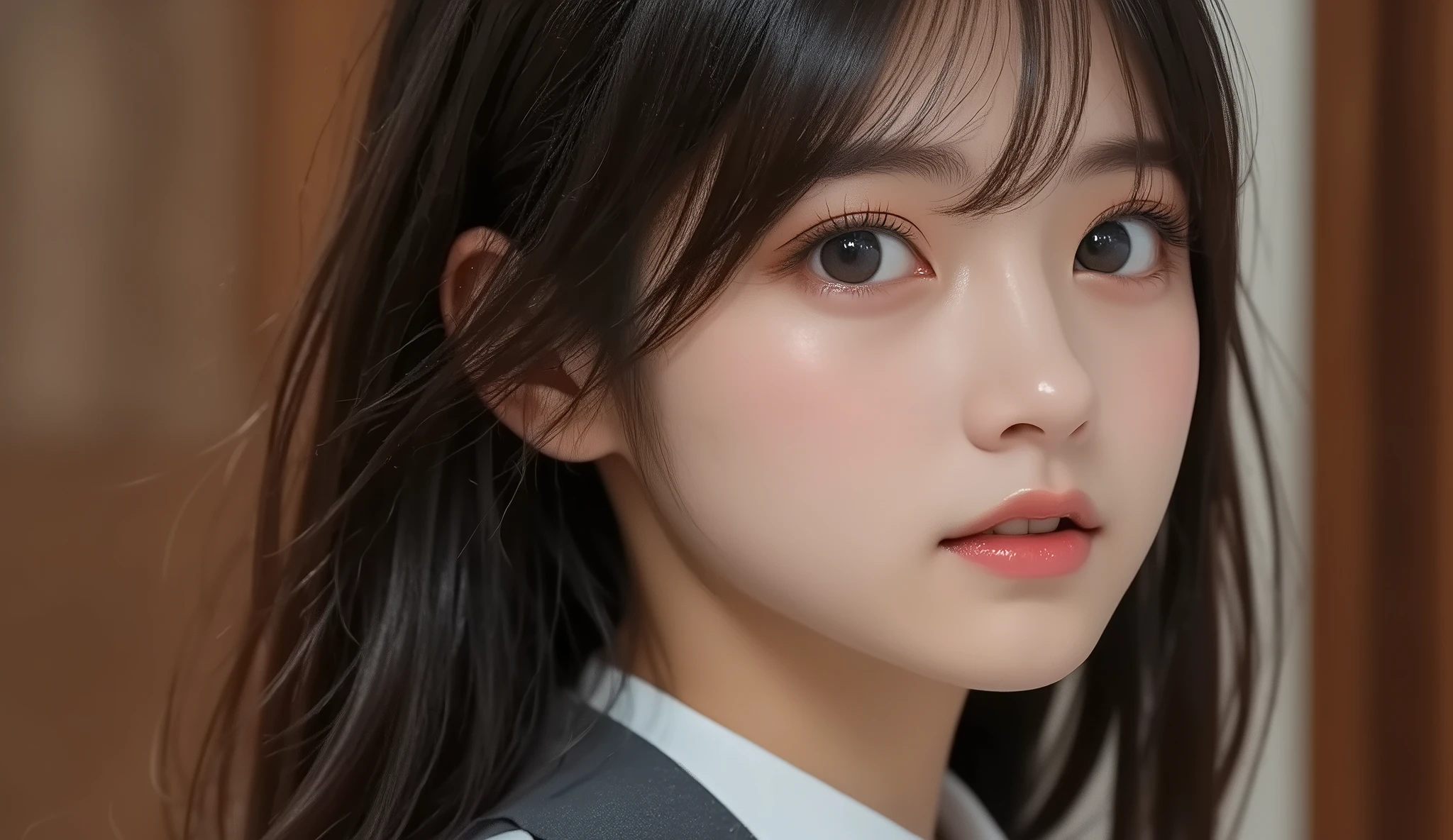 8k,Ultra High Definition , TOP QUALITY, masterpiece,rule of thirds,golden ratio,surreal, photos, one woman,( girls on the left:1.3),cute,cute顔, Beautiful Eyes in Every Detail , 細かくexhaustive,mature woman, princess,cowboy shot,smile, black hair, long bob,ID photo, luxurious and beautiful ,(A Famous Japanese Idol Girl), ((Office uniform with white shirt, blazer and pencil skirt)),(((Clean clothing))),(((She Has an Ecstatic Expression))), very delicate expression , delicate eye description,, Healthy Body , (( 1 female)), Height: 160cm ,( thin waist:1.4)、( Beautiful :1.4), pink lips,profile,((( ideal figure))),Small bust, A cup :2,、 portraits:2、 perfect anatomy 、鮮明な exhaustive、 exhaustive, thin lips,Perfect and beautiful face ,完璧でcute顔, meticulous skin , Perfect Limbs 、 thin waist, surreal,Light and Dark, Fashion Magazine Cover ,glowing