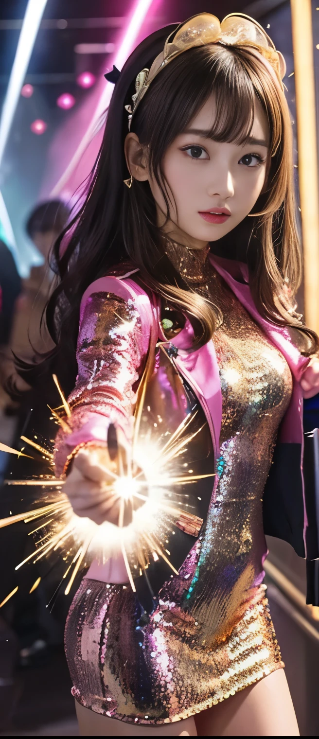 Pure sparkle idol girl(elegant hair)、A pure girl's face、 hypo、、Gold Sequin Tight Mini Dress、fluorescent pink fur jacket、A sparking gun that emits light、Plasma Belt