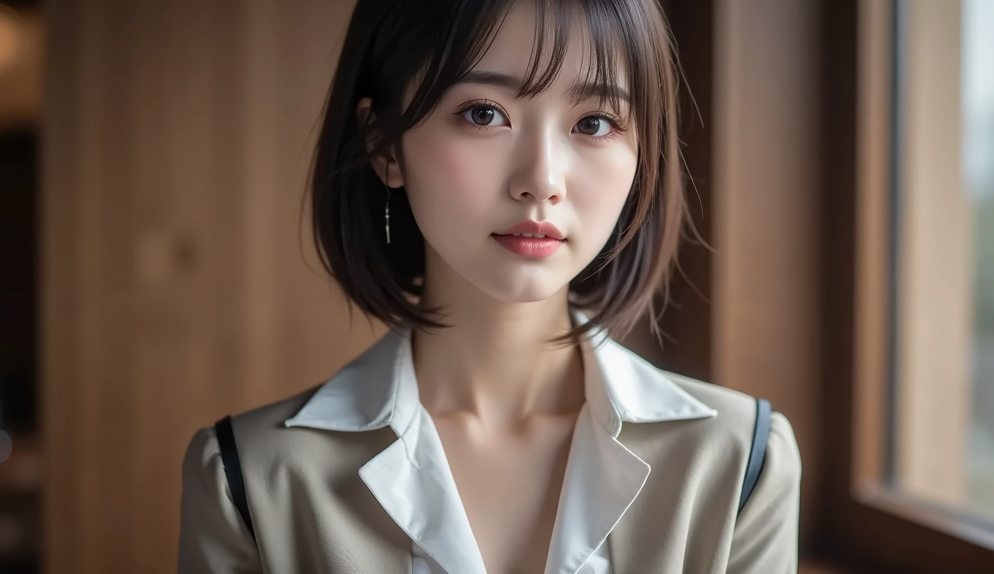 8k,Ultra High Definition , TOP QUALITY,  masterpiece,rule of thirds,golden ratio,surreal, photos,  one woman,(  girls on the left:1.3),cute,cute顔, Beautiful Eyes in Every Detail , 細かくexhaustive,mature woman, princess,cowboy shot,smile, black hair, long bob,ID photo, luxurious and beautiful ,(A  Famous Japanese Idol Girl), ((Office uniform with white shirt, blazer and pencil skirt)),(((Clean clothing))),(((She Has an Ecstatic Expression))), very delicate expression ,  delicate eye description,,  Healthy Body , (( 1 female)), Height: 160cm ,(  thin waist:1.4)、( Beautiful :1.4), pink lips,profile,(((  ideal figure))),Small bust, A cup :2,、 portraits:2、 perfect anatomy 、鮮明な exhaustive、 exhaustive, thin lips,Perfect and beautiful face  ,完璧でcute顔,  meticulous skin  ,  Perfect Limbs 、  thin waist, surreal,Light and Dark,  Fashion Magazine Cover ,glowing