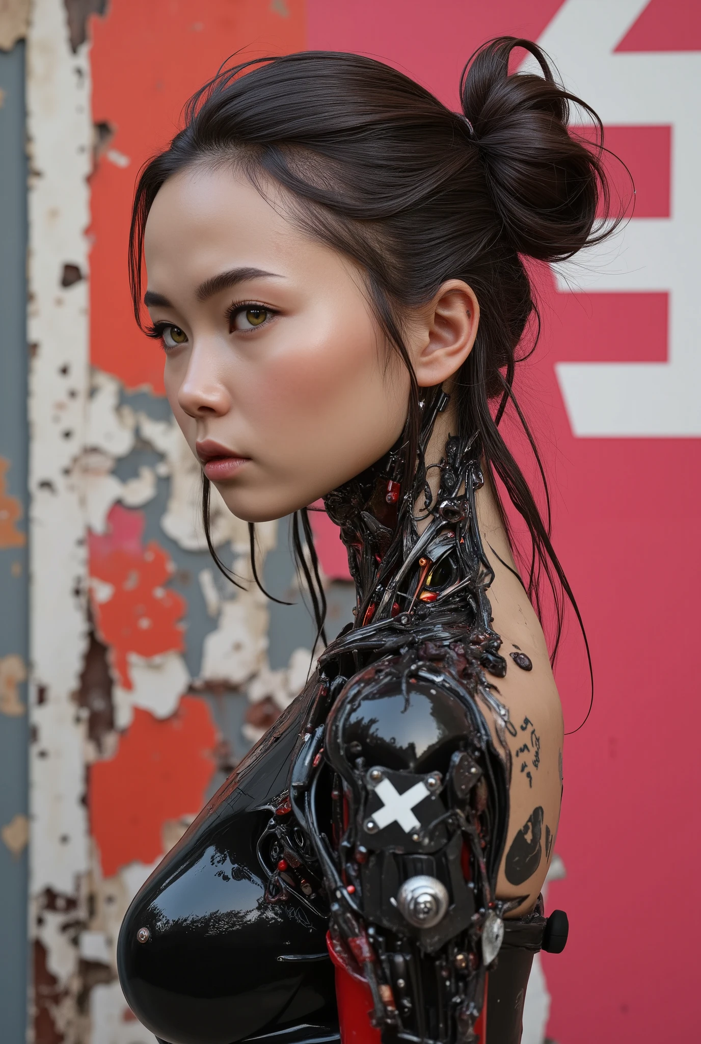 Exquisite 3d manga techno cyborg 3d ainme model, super soldier and concubine, ashtonishing and iconic,  Masterpiece, spectacular anime 3D photorealism. score_9, presenting the amazingly gorgeous MIKO a beautiful Japanese techno cyborg 3D anime machine human, twin buns hairstyle, shot against a distressed red burnt pink wall,torn and ripped white distrssed japanese kanji lettering, sexy animetion::1.6, distressed black bodysuit, tight fitting, c-cup breasts, stylish black carbon fibre and matte black and red steel mechanical robotic neck, intricate details, her futuristic ghost body shell is has been designed by Hanka Robotics, a sexy kunouchi synthetic human cyborg anime 3d girl, shes breathtakingly beautiful with an attractive face, (she has awesome white futuristic engraved tattoos on black metal frame, immaculate proportions, cute scifi japanese pop culture shinobi girls, perfect facial features, very attractive, Miko is also a cyber-supermodel, (((OMG her beautiful dazzling hazel green eyes))), (intriguing, enigmatic, intricate detailing with retro futuristic gothic cyberpunk body mech, black latex tactical techwear bodysuit, (arnold render, maya modelling, zbrush, (exquisite material design),animated 3D machine manga, created by the elusive, poison pill project(trip-p), lovrz-ovrdoz, intricate details, stylish, spectacular artistic fusion, shallow depth of field, close up. Stylish japanese avant garde anime technopunk, a neo-gothic cyberpunk retro renaissance character art, underground futuristic industrial anime. Balanced cinematic lighting, offset noise, high contrast light, dramatic and intense, extraordinary and poetic symmetry, balanced proportions.