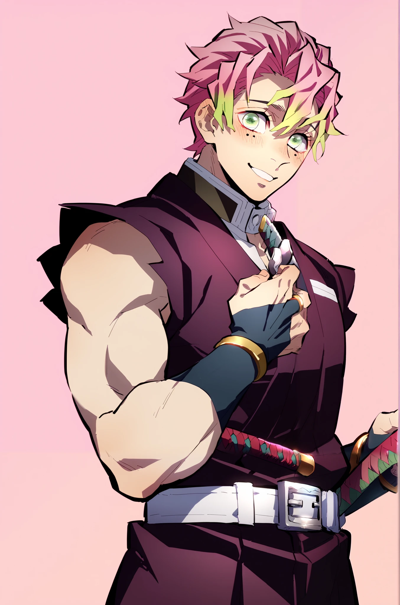 1boy, solo, male m1tsur1kanr0j1, pink hair, multicolored hair, short hair, green eyes, mole under eye, toned male, ninja clothes, katana, beautiful man, makeup, blushing, slight smile, simple background, NSFW, Cowboy Shot,