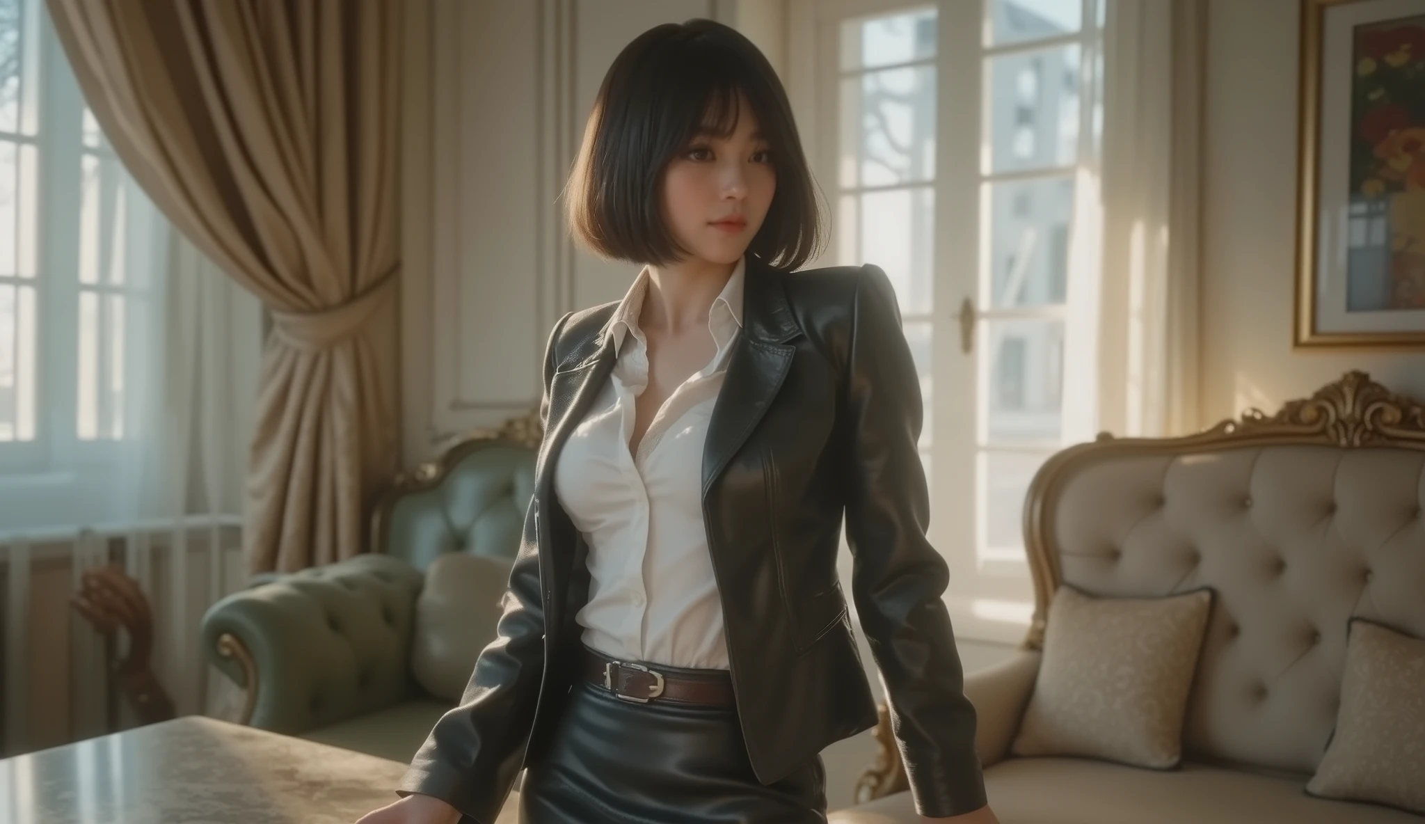 8k,Ultra High Definition , TOP QUALITY,  masterpiece,rule of thirds,golden ratio,surreal, photos,  one woman,(  girls on the left:1.3),cute,cute顔, Beautiful Eyes in Every Detail , 細かくexhaustive,mature woman, princess,cowboy shot,smile, black hair, long bob,ID photo, luxurious and beautiful ,(A  Famous Japanese Idol Girl), ((Office uniform with white shirt, blazer and pencil skirt)),(((Clean clothing))),(((She Has an Ecstatic Expression))), very delicate expression ,  delicate eye description,,  Healthy Body , (( 1 female)), Height: 160cm ,(  thin waist:1.4)、( Beautiful :1.4), pink lips,profile,(((  ideal figure))),Small bust, A cup :2,、 portraits:2、 perfect anatomy 、鮮明な exhaustive、 exhaustive, thin lips,Perfect and beautiful face  ,完璧でcute顔,  meticulous skin  ,  Perfect Limbs 、  thin waist, surreal,Light and Dark,  Fashion Magazine Cover ,glowing