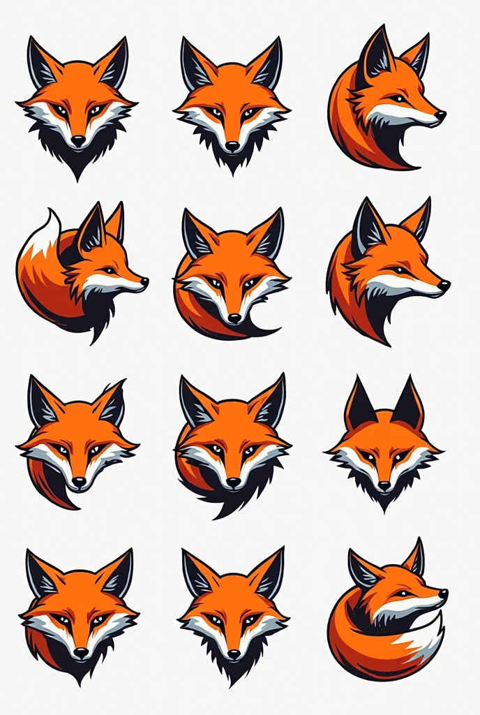 (4 divisions), Different fox tail logos attached to the letter O,  Color orange and white , without gradients