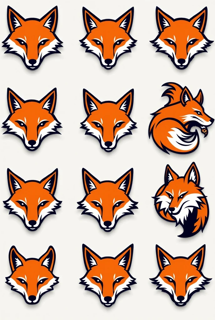 (4 divisions), Different fox tail logos attached to the letter O,  Color orange and white , without gradients