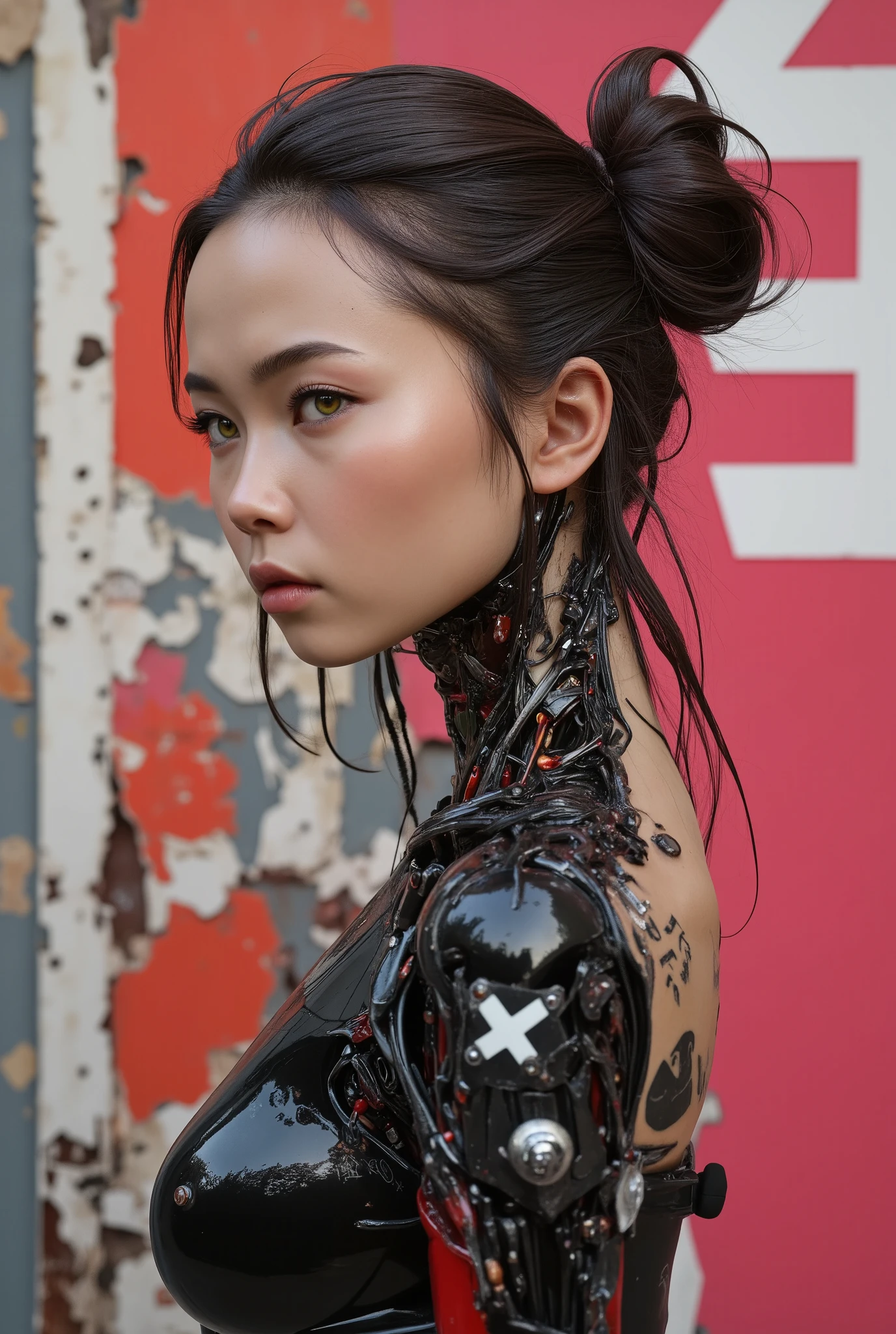 Exquisite 3d manga techno cyborg 3d ainme model, super soldier and concubine, ashtonishing and iconic,  Masterpiece, spectacular anime 3D photorealism. score_9, presenting the amazingly gorgeous MIKO a beautiful Japanese techno cyborg 3D anime machine human, twin buns hairstyle, shot against a distressed red burnt pink wall,torn and ripped white distrssed japanese kanji lettering, sexy animetion::1.6, distressed black bodysuit, tight fitting, c-cup breasts, stylish black carbon fibre and matte black and red steel mechanical robotic neck, intricate details, her futuristic ghost body shell is has been designed by Hanka Robotics, a sexy kunouchi synthetic human cyborg anime 3d girl, shes breathtakingly beautiful with an attractive face, (she has awesome white futuristic engraved tattoos on black metal frame, immaculate proportions, cute scifi japanese pop culture shinobi girls, perfect facial features, very attractive, Miko is also a cyber-supermodel, (((OMG her beautiful dazzling hazel green eyes))), (intriguing, enigmatic, intricate detailing with retro futuristic gothic cyberpunk body mech, black latex tactical techwear bodysuit, (arnold render, maya modelling, zbrush, (exquisite material design),animated 3D machine manga, created by the elusive, poison pill project(trip-p), lovrz-ovrdoz, intricate details, stylish, spectacular artistic fusion, shallow depth of field, close up. Stylish japanese avant garde anime technopunk, a neo-gothic cyberpunk retro renaissance character art, underground futuristic industrial anime. Balanced cinematic lighting, offset noise, high contrast light, dramatic and intense, extraordinary and poetic symmetry, balanced proportions.