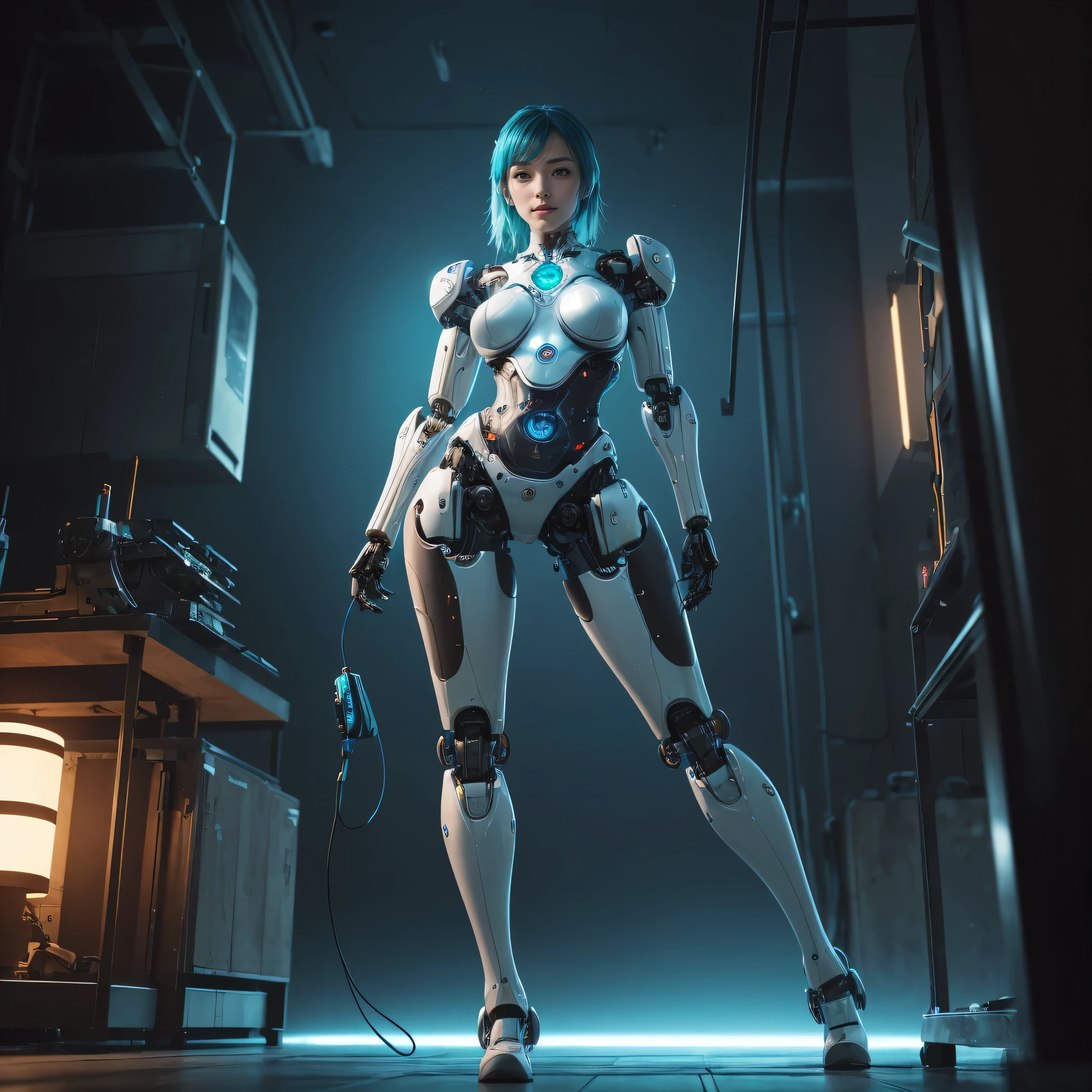 (masterpiece), (best quality), (high res) Solo, (perfect anatomy) Dronificated unknown woman in a fully (enclosed blue latex full body armor) (white LEDs across the suit) (white glowing core in the chest), (enclosed cyber helmet) that cover her whole face and hides her identity with a white screen, huge breast, narrow waist, wide hips and thick thigs, (no face) no face, no hair, no mouth, no eyes, in a lab