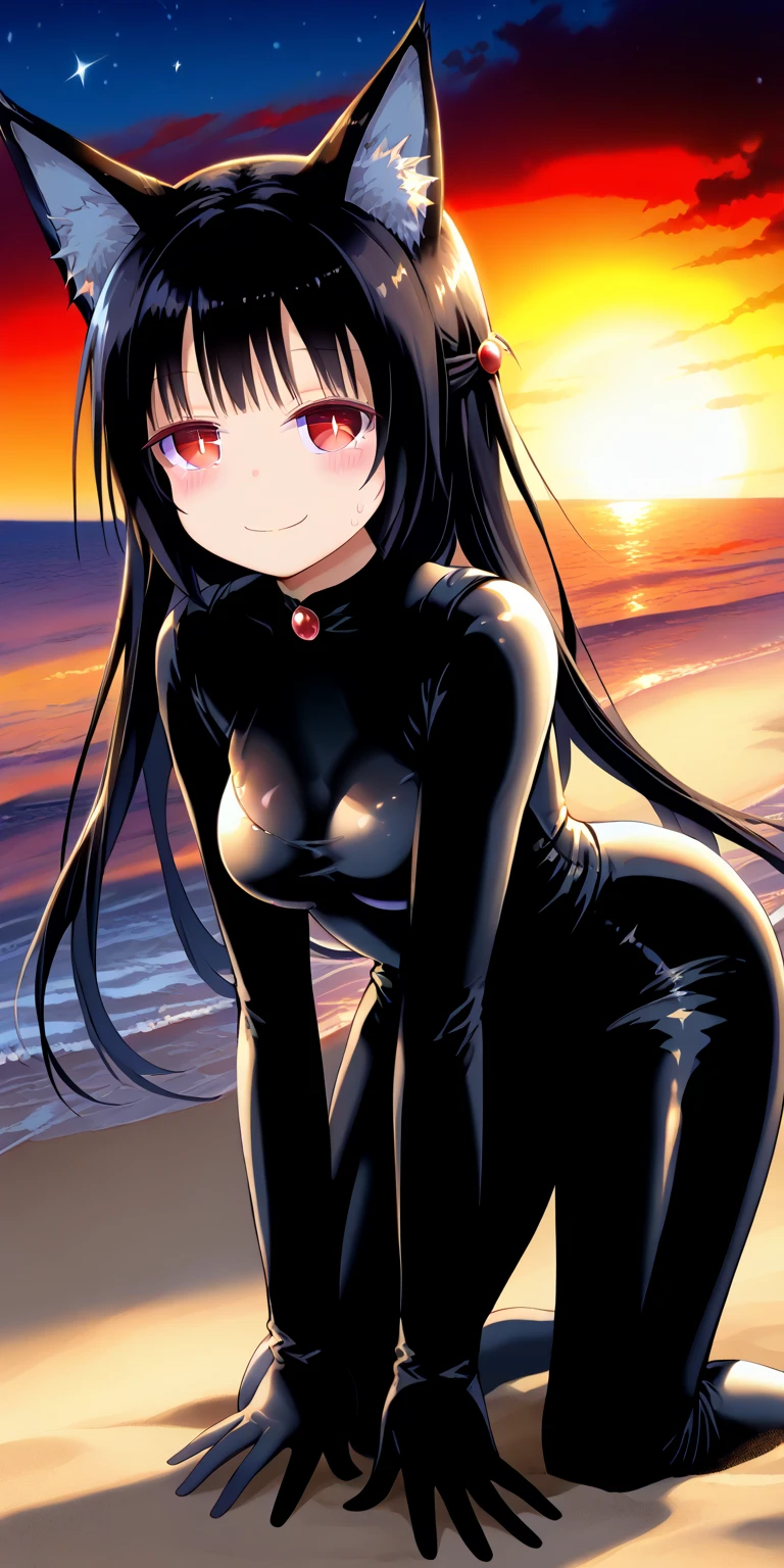 best quality, glowing red eyes, black hair, horny eyes, sitting forward to the viewer, beach,, looking at viever, huge ass, black wet one-piece swimsuit, sitting on a rock, nsfw ,disgusted facial expression, big , face zoom, facial gesture, sharp teeth, disgusted, corruption eyes, armpit showed, huge cocks, big black cock on a head