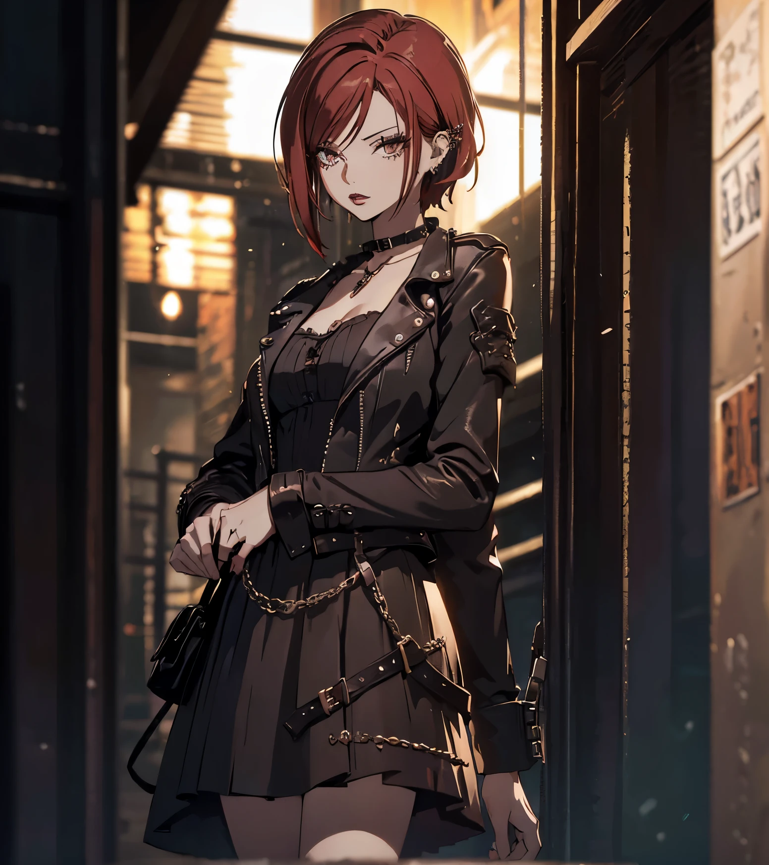 (masterpiece, best quality, high resolution: 1.2), 1 girl, short red hair, jewelry, brown eyes, earrings, necklace, makeup, piercing, lipstick, ear piercing, choker, cowboy photo, look at viewer, punk clothing, (depth of field: 1.3), charming and combat pose, close-up, black shoes, gothicPechos, black dress, black jacket