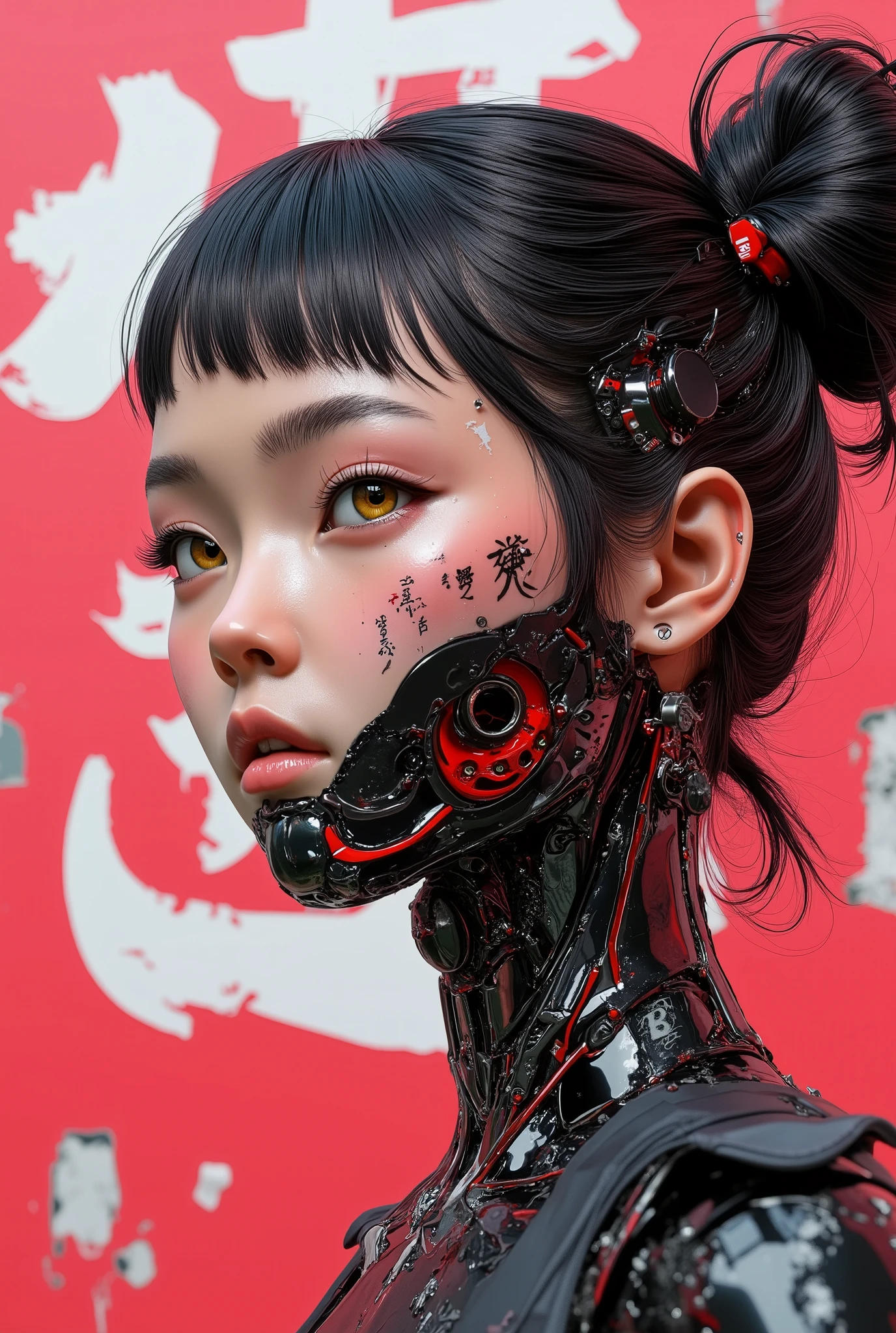 Exquisite 3d manga techno cyborg 3d ainme model, super soldier and concubine, ashtonishing and iconic, Masterpiece, spectacular anime 3D photorealism. score_9, presenting the amazingly gorgeous MIKO a beautiful Japanese techno cyborg 3D anime machine human, twin buns hairstyle, shot against a distressed red burnt pink wall,torn and ripped white distrssed japanese kanji lettering, sexy animetion::1.6, distressed black bodysuit, tight fitting, c-cup breasts, stylish black carbon fibre and matte black and red steel mechanical robotic neck, intricate details, her futuristic ghost body shell is has been designed by Hanka Robotics, a sexy kunouchi synthetic human cyborg anime 3d girl, shes breathtakingly beautiful with an attractive face, (she has awesome white futuristic engraved tattoos on black metal frame, immaculate proportions, cute scifi japanese pop culture shinobi girls, perfect facial features, very attractive, Miko is also a cyber-supermodel, (((OMG her beautiful dazzling hazel green eyes))), (intriguing, enigmatic, intricate detailing with retro futuristic gothic cyberpunk body mech, black latex tactical techwear bodysuit, (arnold render, maya modelling, zbrush, (exquisite material design),animated 3D machine manga, created by the elusive, poison pill project(trip-p), lovrz-ovrdoz, intricate details, stylish, spectacular artistic fusion, shallow depth of field, close up. Stylish japanese avant garde anime technopunk, a neo-gothic cyberpunk retro renaissance character art, underground futuristic industrial anime. Balanced cinematic lighting, offset noise, high contrast light, dramatic and intense, extraordinary and poetic symmetry, balanced proportions.