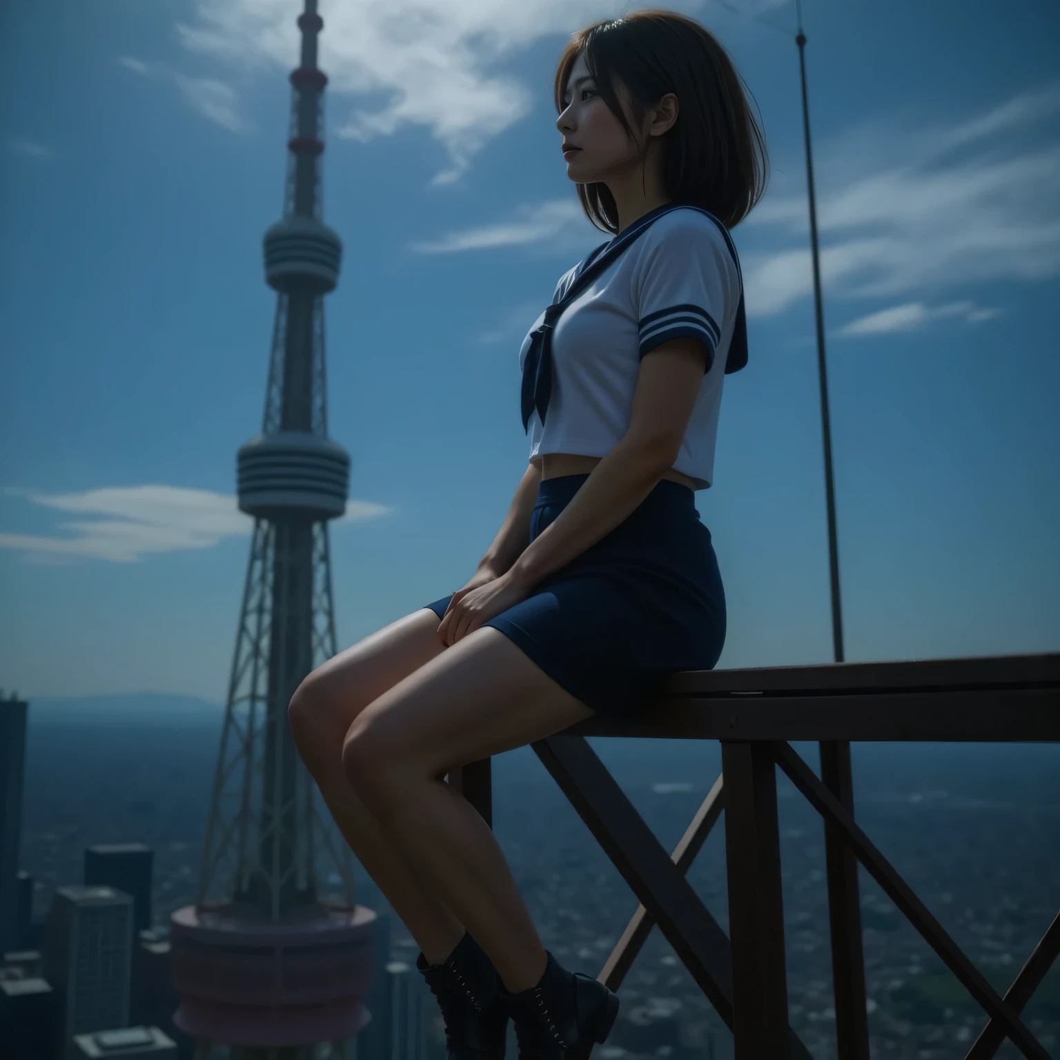 A woman sits at the top of the steel frame of a tall radio tower, side view, from side:1.8, (TOP QUALITY:1.4), 32k high resolution UHD , ( masterpiece:1.2), Extremely Detailed Live Action , (realistic, 超realistic:1.4), a very beautiful Japanese woman wearing a uniform, Beautiful Japanese woman, famous beautiful Japanese idol , perfect configuration, proper placement in office clothes, golden ratio, Clear daytime with blue skies spreading, Summer blue sky:2.0, There is only one cloud floating in the sky:2.0, The ratio is accurate in terms of human body structure :1.331, have small heads :1.331, slim body:1.331, thin waist:1.331, thin hands and feet:1.331, flat chested:1.331, Cover your chest with your hands :1.21, Japanese High School Sailor Uniform :1.21, Short sleeve clothing, it's a white short-sleeved sailor suit:1.21, will be Fuku:1.21, Navy Mini Skirt , I can see her belly button , brown hair, bob cut hair:1.21, symmetrical eyes, Very Beautiful Clear Eyes , beautiful hair fluttering in the wind ,