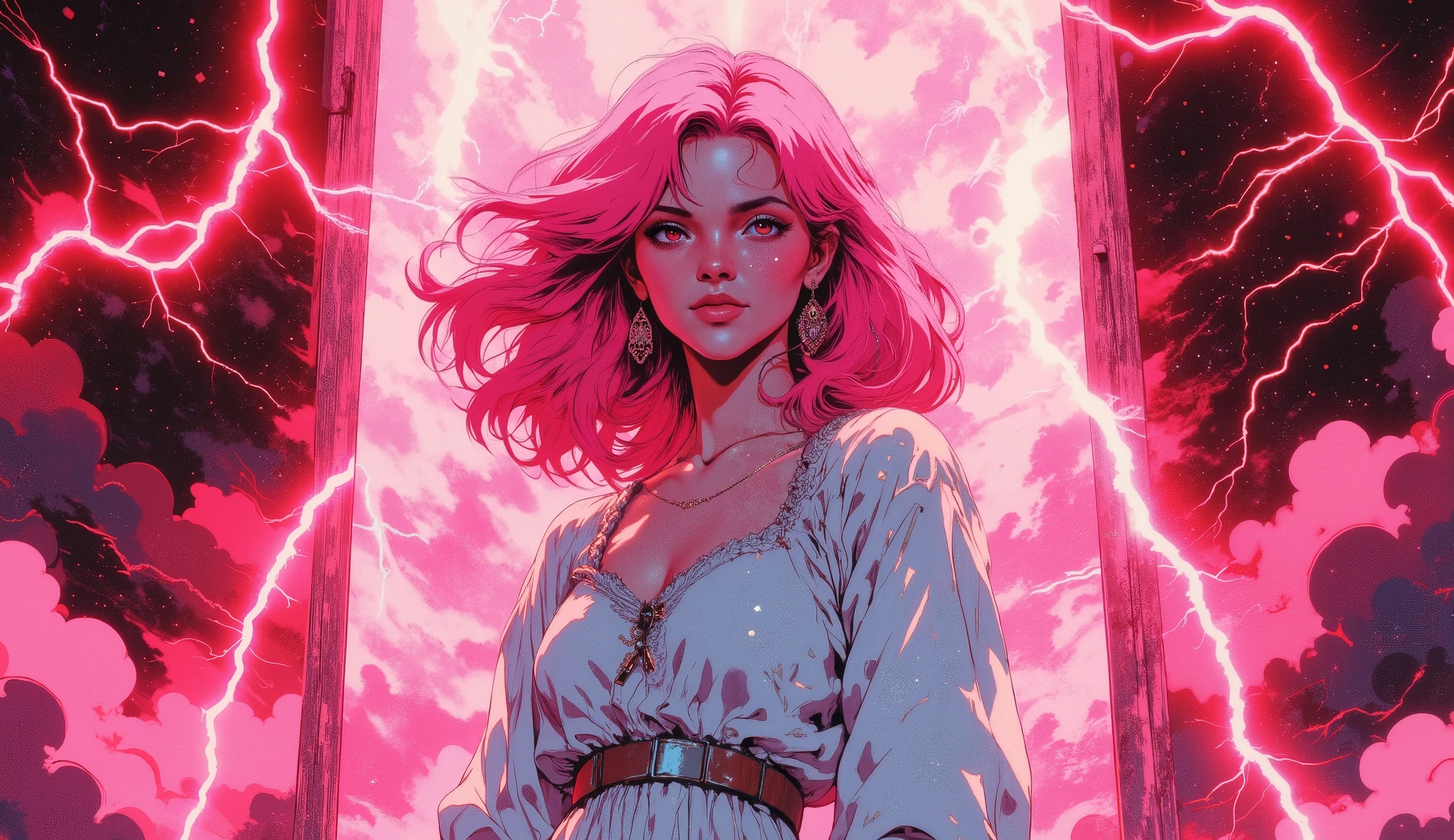beautiful woman in dress, young, pink hair, behind it there are huge rays, The lightning is red
