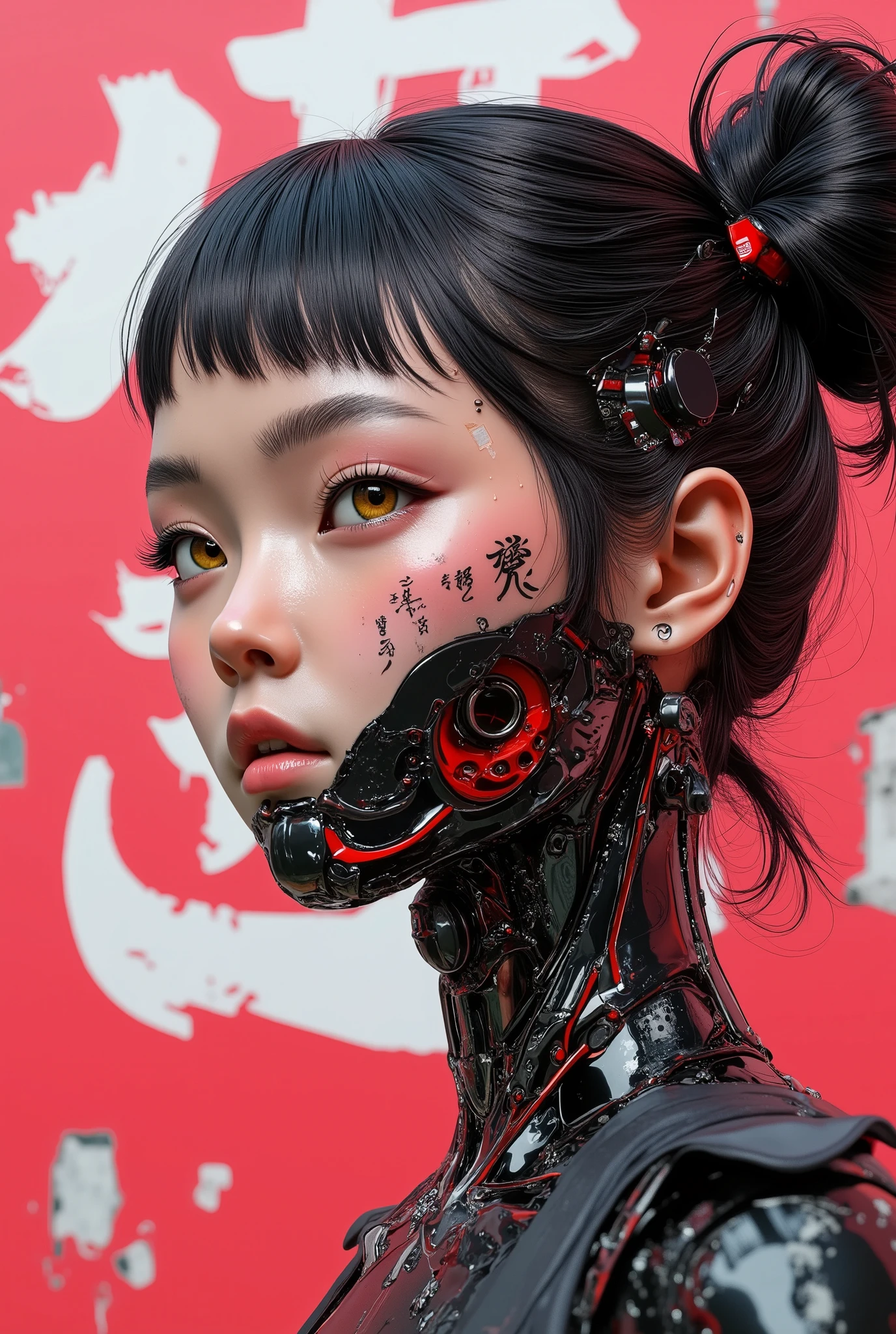 Exquisite 3d manga techno cyborg 3d ainme model, super soldier and concubine, ashtonishing and iconic, Masterpiece, spectacular anime 3D photorealism. score_9, presenting the amazingly gorgeous MIKO a beautiful Japanese techno cyborg 3D anime machine human, twin buns hairstyle, shot against a distressed red burnt pink wall,torn and ripped white distrssed japanese kanji lettering, sexy animetion::1.6, distressed black bodysuit, tight fitting, c-cup breasts, stylish black carbon fibre and matte black and red steel mechanical robotic neck, intricate details, her futuristic ghost body shell is has been designed by Hanka Robotics, a sexy kunouchi synthetic human cyborg anime 3d girl, shes breathtakingly beautiful with an attractive face, (she has awesome white futuristic engraved tattoos on black metal frame, immaculate proportions, cute scifi japanese pop culture shinobi girls, perfect facial features, very attractive, Miko is also a cyber-supermodel, (((OMG her beautiful dazzling hazel green eyes))), (intriguing, enigmatic, intricate detailing with retro futuristic gothic cyberpunk body mech, black latex tactical techwear bodysuit, (arnold render, maya modelling, zbrush, (exquisite material design),animated 3D machine manga, created by the elusive, poison pill project(trip-p), lovrz-ovrdoz, intricate details, stylish, spectacular artistic fusion, shallow depth of field, close up. Stylish japanese avant garde anime technopunk, a neo-gothic cyberpunk retro renaissance character art, underground futuristic industrial anime. Balanced cinematic lighting, offset noise, high contrast light, dramatic and intense, extraordinary and poetic symmetry, balanced proportions.
