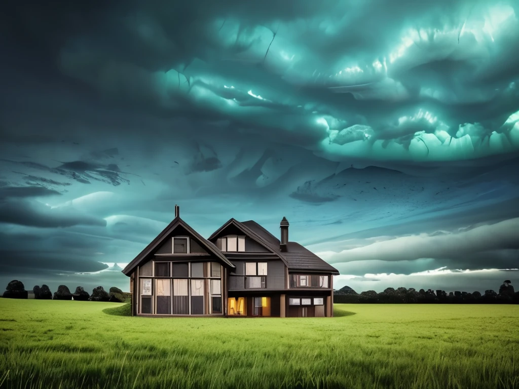 arafed image of a house in a field with a green sky, mammatus clouds, surreal clouds, beautiful cloudy atmosphere, strange clouds, surreal!!!, dark mammatus cloud, breathtaking clouds, beautiful image ever created, toxic clouds, surreal photography, surreal photo, weird skies, beautiful and ominous, intimidating clouds, wow clouds, stormclouds