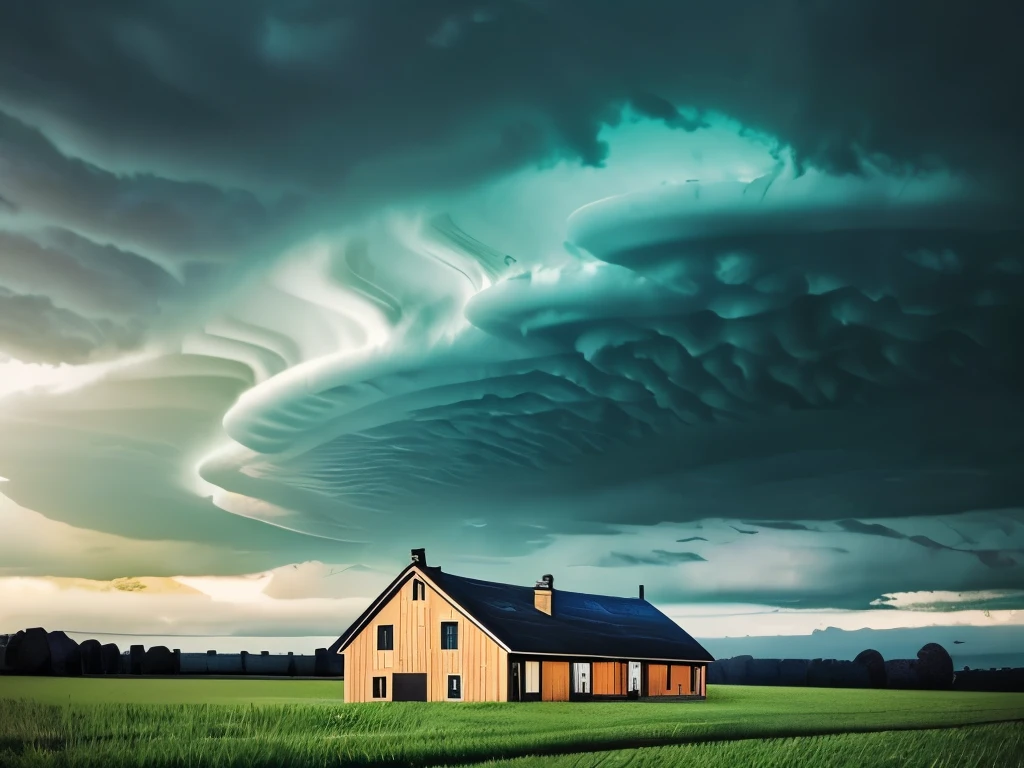arafed image of a house in a field with a green sky, mammatus clouds, surreal clouds, beautiful cloudy atmosphere, strange clouds, surreal!!!, dark mammatus cloud, breathtaking clouds, beautiful image ever created, toxic clouds, surreal photography, surreal photo, weird skies, beautiful and ominous, intimidating clouds, wow clouds, stormclouds