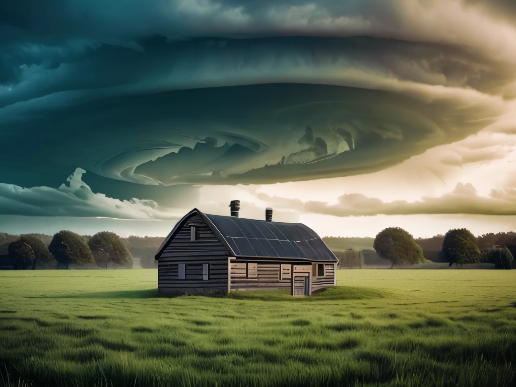 arafed image of a house in a field with a green sky, mammatus clouds, surreal clouds, beautiful cloudy atmosphere, strange clouds, surreal!!!, dark mammatus cloud, breathtaking clouds, beautiful image ever created, toxic clouds, surreal photography, surreal photo, weird skies, beautiful and ominous, intimidating clouds, wow clouds, stormclouds