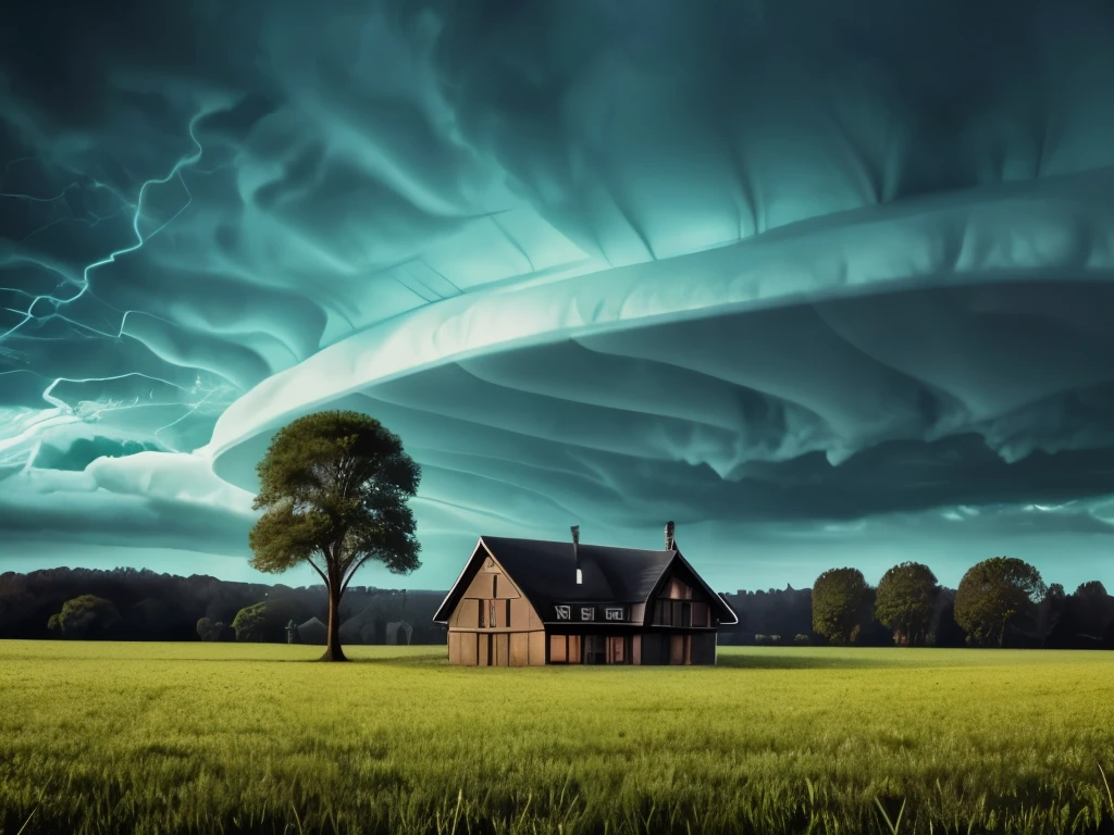 arafed image of a house in a field with a green sky, mammatus clouds, surreal clouds, beautiful cloudy atmosphere, strange clouds, surreal!!!, dark mammatus cloud, breathtaking clouds, beautiful image ever created, toxic clouds, surreal photography, surreal photo, weird skies, beautiful and ominous, intimidating clouds, wow clouds, stormclouds