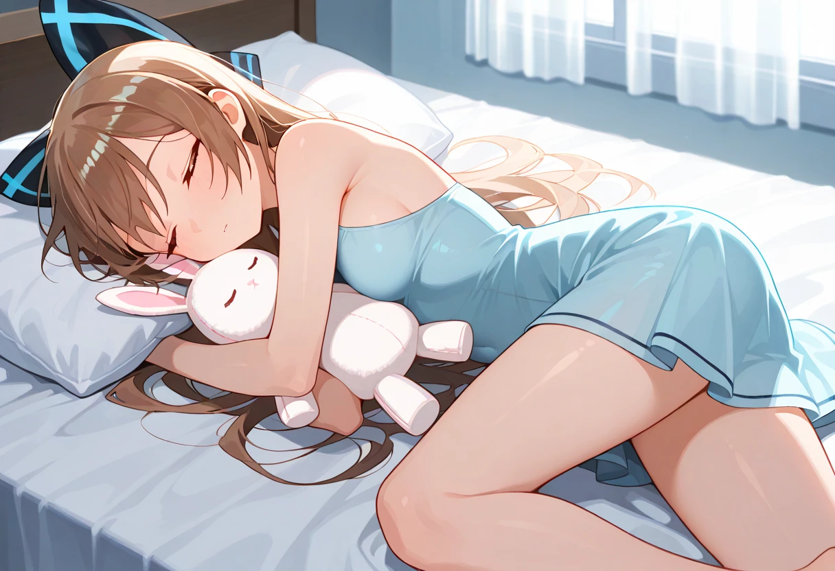  anime girl, sleeping in a bed in pink underwear with white bunny ears, 