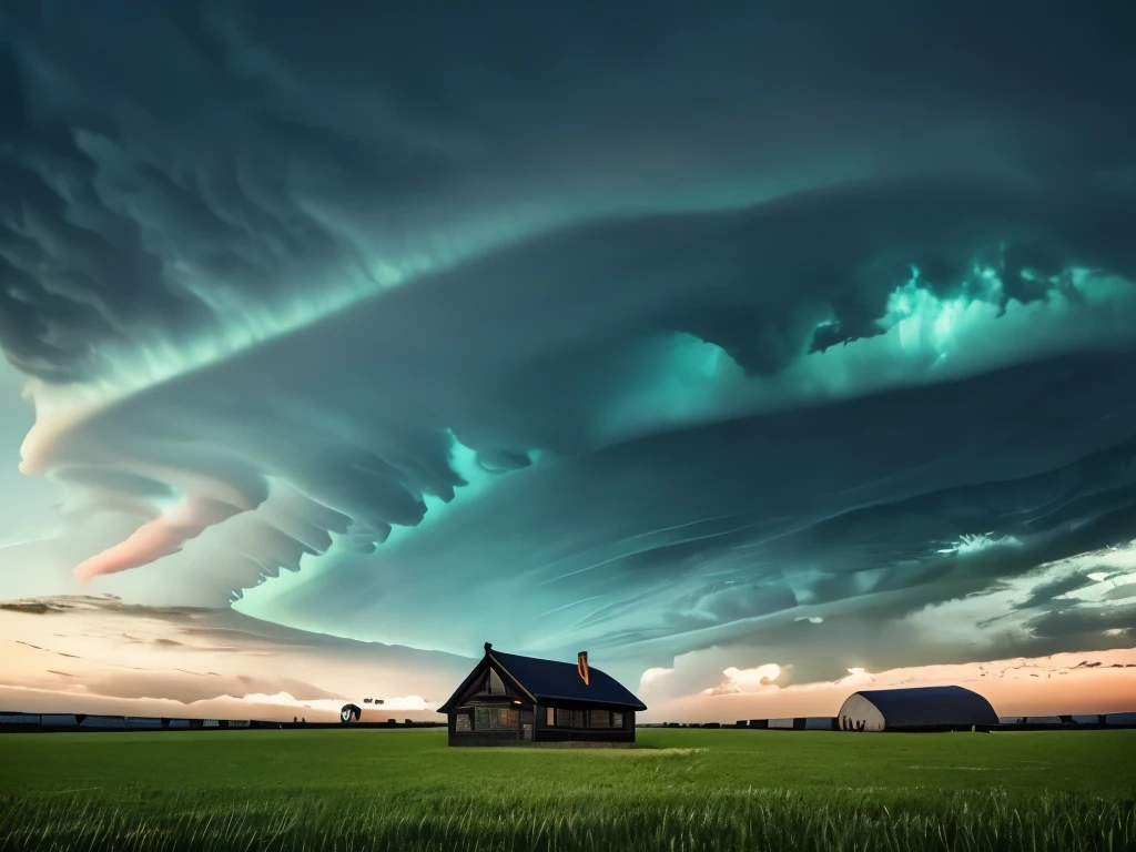 arafed image of a house in a field with a green sky, mammatus clouds, surreal clouds, beautiful cloudy atmosphere, strange clouds, surreal!!!, dark mammatus cloud, breathtaking clouds, beautiful image ever created, toxic clouds, surreal photography, surreal photo, weird skies, beautiful and ominous, intimidating clouds, wow clouds, stormclouds