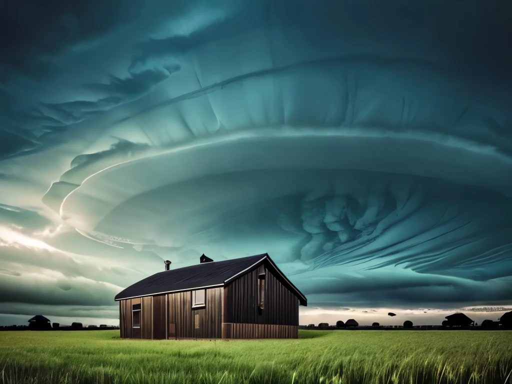 arafed image of a house in a field with a green sky, mammatus clouds, surreal clouds, beautiful cloudy atmosphere, strange clouds, surreal!!!, dark mammatus cloud, breathtaking clouds, beautiful image ever created, toxic clouds, surreal photography, surreal photo, weird skies, beautiful and ominous, intimidating clouds, wow clouds, stormclouds