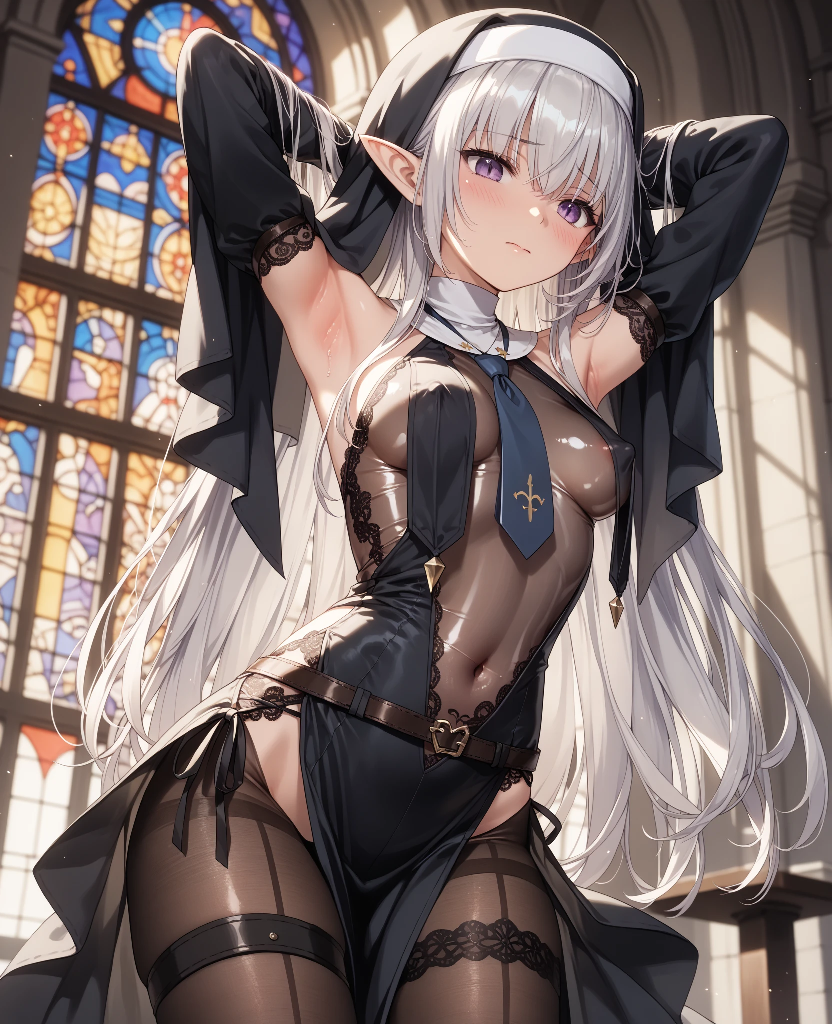 1girl, Angle from below:1.8, The girl bends forward to show off her breasts、legs apart, (Blade), (Tanned shiny black skin:1.6)、Glowing Eyes, ((Sexy evil grin)), ( girl), blondes、Twin tails、forehead、Small breasts, hat, ((((arabian white clothes, see-through)), (headband), (Areola Slip), small breasts, (jewelry)))、desert, ((sahara)), ((focus crotch))、(手を頭の後ろで組む), (crotch),((foot)), ((acrobatic pose)), 