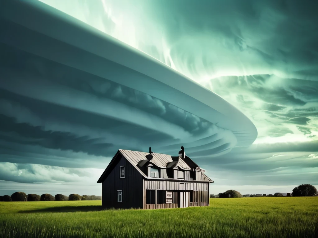 arafed image of a house in a field with a green sky, mammatus clouds, surreal clouds, beautiful cloudy atmosphere, strange clouds, surreal!!!, dark mammatus cloud, breathtaking clouds, beautiful image ever created, toxic clouds, surreal photography, surreal photo, weird skies, beautiful and ominous, intimidating clouds, wow clouds, stormclouds
