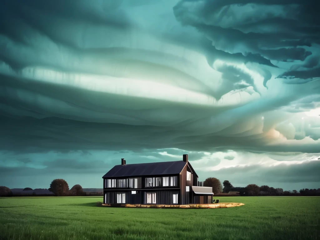 arafed image of a house in a field with a green sky, mammatus clouds, surreal clouds, beautiful cloudy atmosphere, strange clouds, surreal!!!, dark mammatus cloud, breathtaking clouds, beautiful image ever created, toxic clouds, surreal photography, surreal photo, weird skies, beautiful and ominous, intimidating clouds, wow clouds, stormclouds