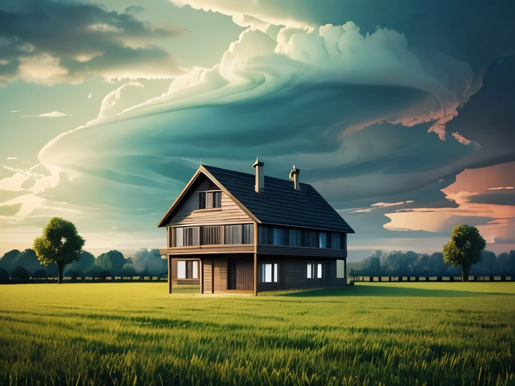 arafed image of a house in a field with a green sky, mammatus clouds, surreal clouds, beautiful cloudy atmosphere, strange clouds, surreal!!!, dark mammatus cloud, breathtaking clouds, beautiful image ever created, toxic clouds, surreal photography, surreal photo, weird skies, beautiful and ominous, intimidating clouds, wow clouds, stormclouds