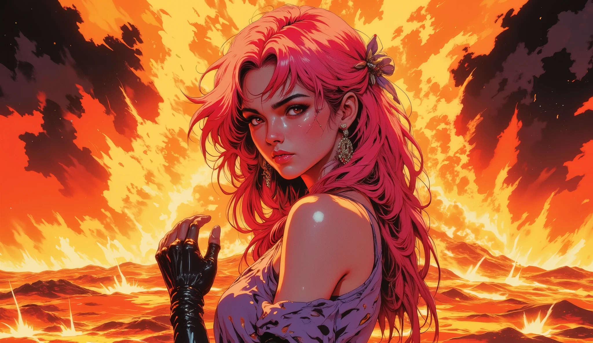 beautiful woman in dress, young, pink hair, Behind her there is a huge fire, retrato