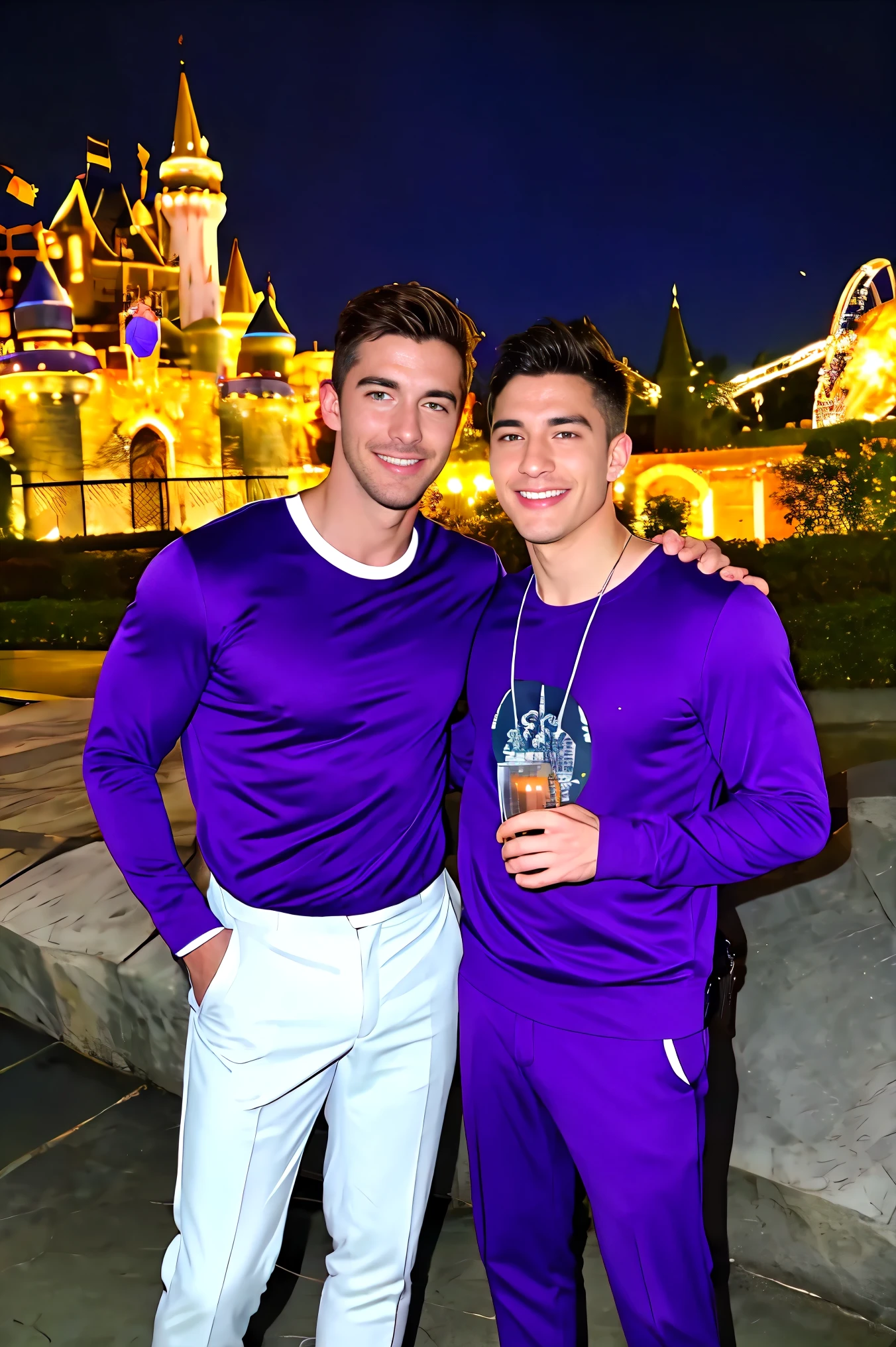 Two handsome men wearing purple clothes ,theme park