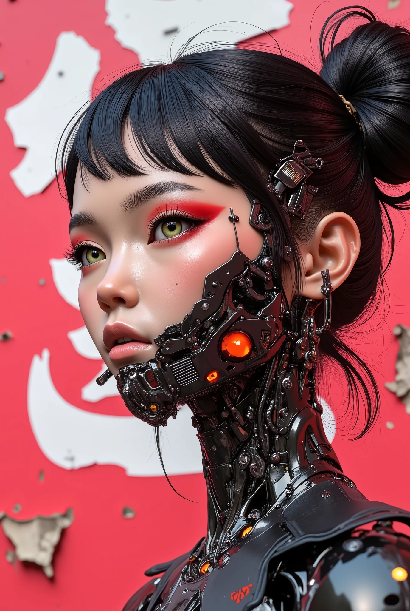 Exquisite 3d manga techno cyborg 3d ainme model, super soldier and concubine, ashtonishing and iconic, Masterpiece, spectacular anime 3D photorealism. score_9, presenting the amazingly gorgeous Yuko a beautiful Japanese techno cyborg 3D anime machine human, twin buns hairstyle, shot against a distressed red burnt pink wall,torn and ripped white distrssed japanese kanji lettering, sexy animetion::1.6, distressed black bodysuit, tight fitting, c-cup breasts, stylish black carbon fibre and matte black and red steel mechanical robotic neck, intricate details, her futuristic ghost body shell is has been designed by Hanka Robotics, a sexy geikobot synthetic human cyborg anime 3d girl, shes breathtakingly beautiful with an attractive face, (she has awesome white futuristic engraved tattoos on black metal frame, immaculate proportions, cute scifi japanese pop culture shinobi girls, perfect facial features, very attractive, Yuko is also a cyber-supermodel, (((OMG her beautiful dazzling hazel green eyes))), (intriguing, enigmatic, intricate detailing with retro futuristic gothic cyberpunk body mech, black latex tactical techwear bodysuit, (arnold render, maya modelling, zbrush, (exquisite material design),animated 3D machine manga, created by the elusive, poison pill project(trip-p), lovrz-ovrdoz, intricate details, stylish, spectacular artistic fusion, shallow depth of field, close up. Stylish japanese avant garde anime technopunk, a neo-gothic cyberpunk retro renaissance character art, underground futuristic industrial anime. Balanced cinematic lighting, offset noise, high contrast light, dramatic and intense, extraordinary and poetic symmetry, stylised immaculate and balanced proportions, in-frame.
