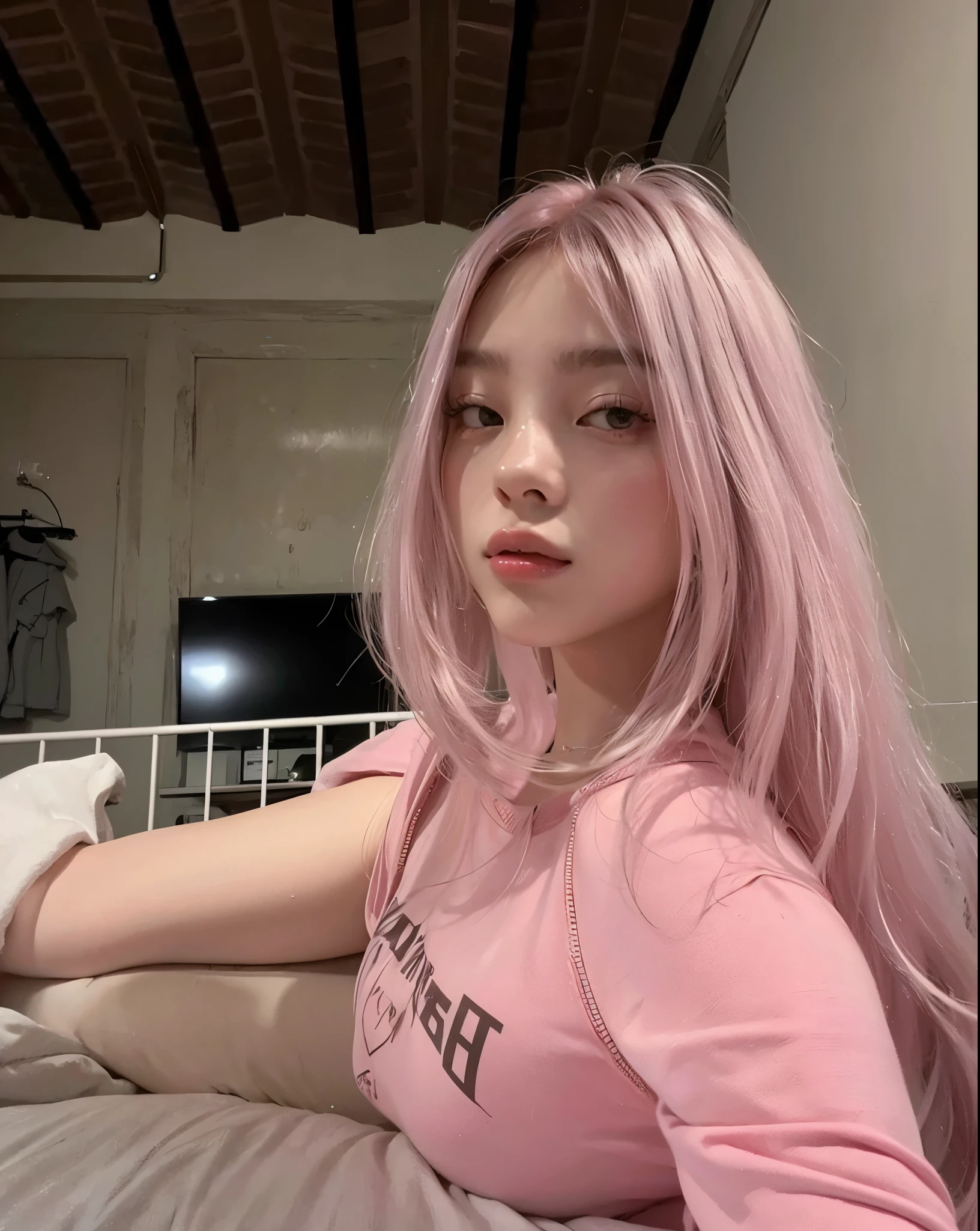 Mulher com cabelo rosa e camisa branca posando para uma foto, com cabelo rosa, cabelo rosa claro, cabelo rosa, cabelo liso rosa, cabelo rosa claro com chamas cor-de-rosa, cabelo rosa wispy, cabelo rosa longo, Cabelos loiros com destaques cor-de-rosa, menina cor-de-rosa, long flowing pink hair, flowing pink hair, menina bonito com cabelo rosa curto